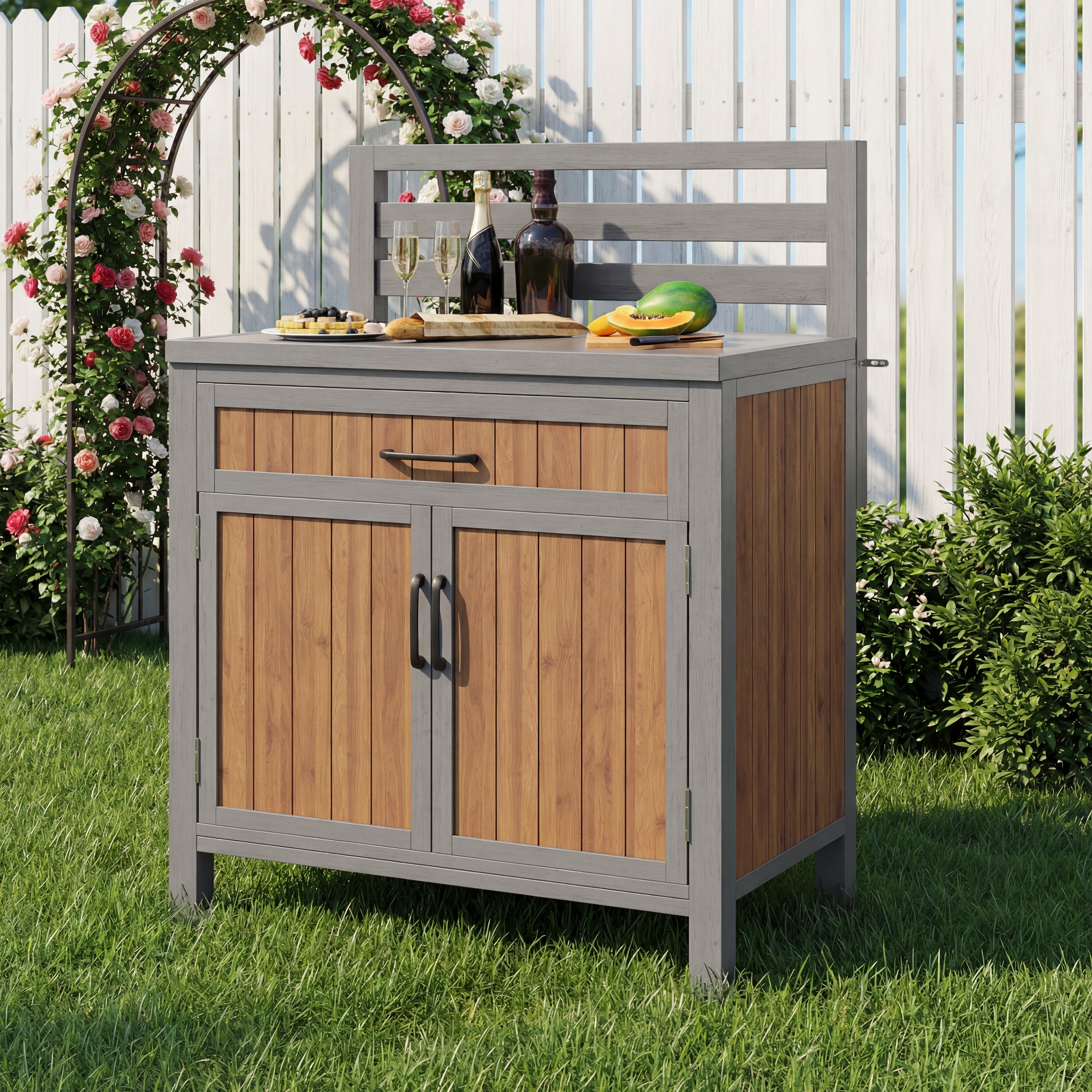 Wooden garden cabinet, weatherproof outdoor storage cabinet, outdoor cupboard with large work surface & drawer, grill station with adjustable shelves, weatherproof kitchen cabinet for patio, balcony