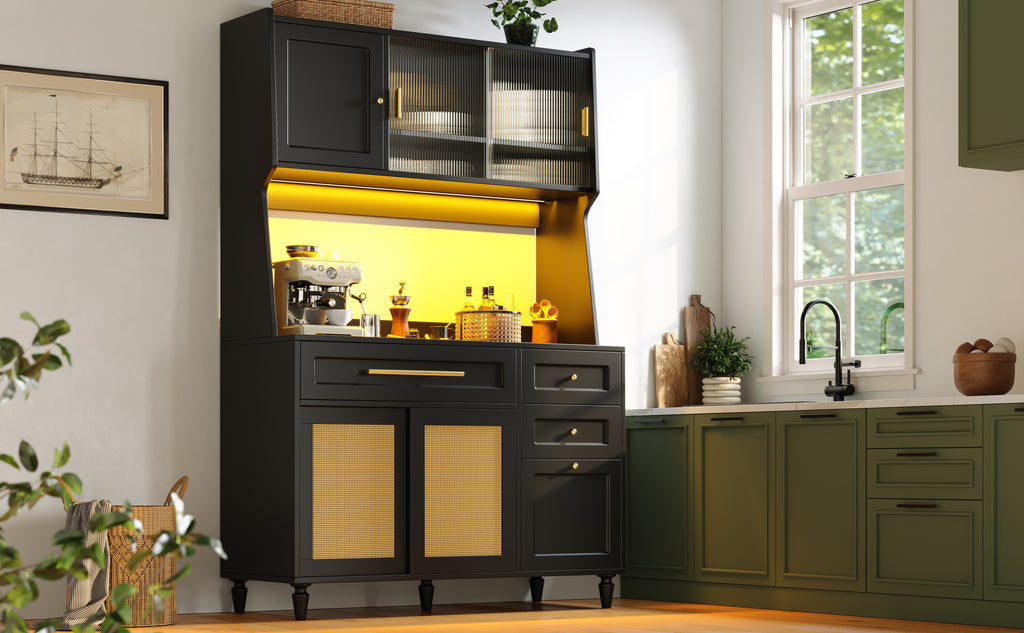 Kitchen Cabinet(120*45*195.5 cm), Tall Cabinet, Display Cabinet, Buffet Cabinet with Adjustable Shelves, Dining Room Cabinet with 3 Drawers, Sideboard with LED Lighting, PE Rattan, Black