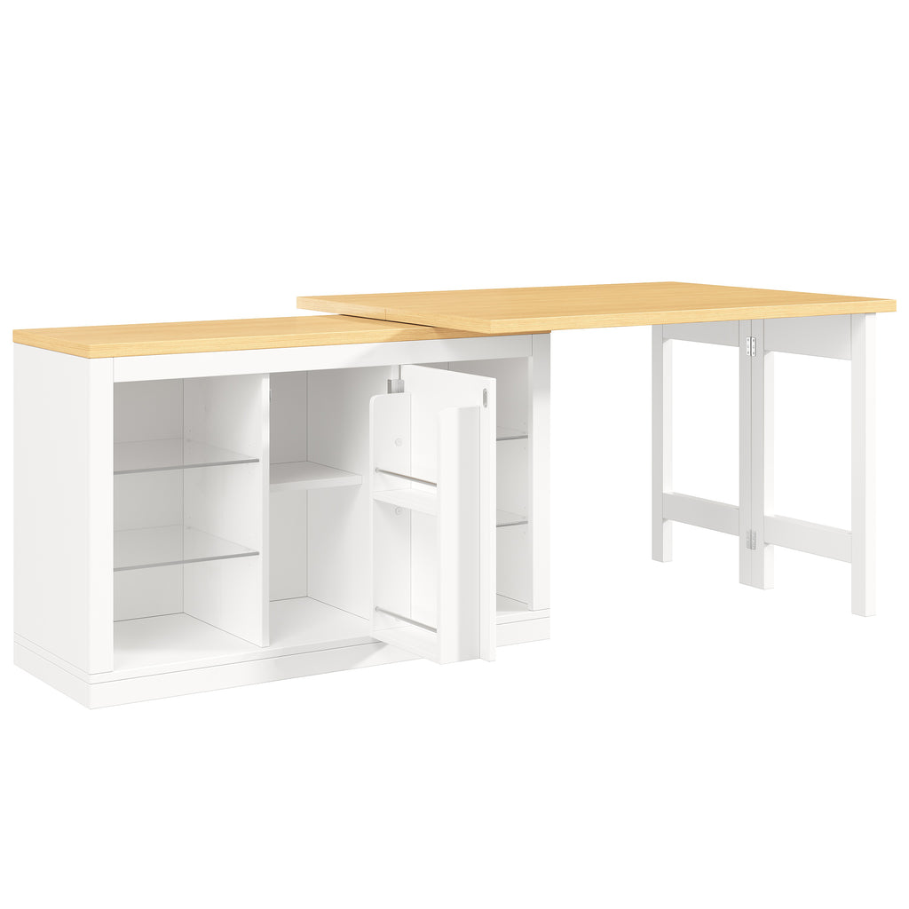 Extendable Sideboard with LED Lights, 120-197 cm Adjustable Dining Table with Storage, Kitchen cabinet with glass shelves & snack rack, White/Black