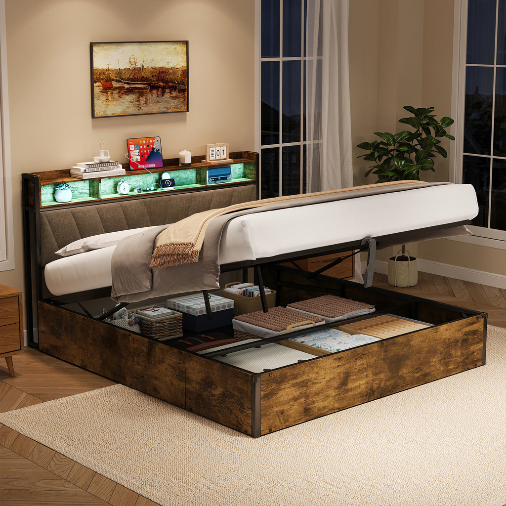5ft King Bed Frame with Hydraulic Storage, RGB LED Storage Headboard with Charging Station, USB and Type-C Ports, No Box Spring Needed, Easy Assembly, Black+Walnut (No Mattress)