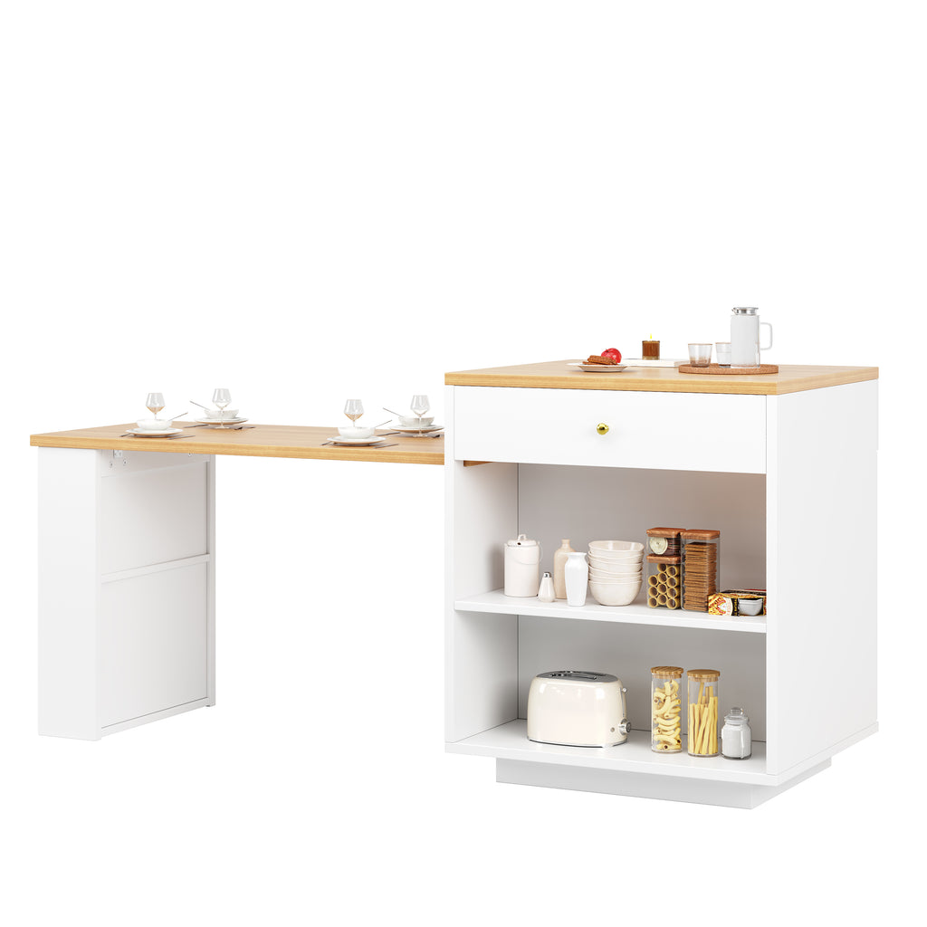 Extendable bar table with storage (122.5-195.5×70×93.5cm), with four drawers and curved glass door, kitchen island with extendable table, LED color light, for 2-6 people, kitchen dining cart with side