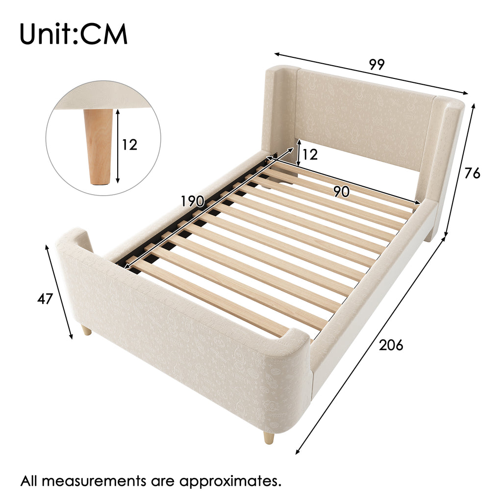 3FT Upholstered Bed, 90 x 190 cm Single Bed with Cosmic Pattern, Sleigh-style Teen Bed, Bed Frame for Boys and Girls, Beige, Velvet (Without Mattress)