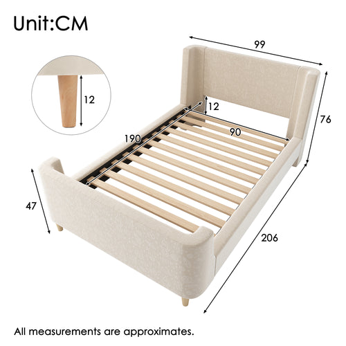 3FT Upholstered Bed, 90 x 190 cm Single Bed with Cosmic Pattern, Sleigh-style Teen Bed, Bed Frame for Boys and Girls, Beige, Velvet (Without Mattress)