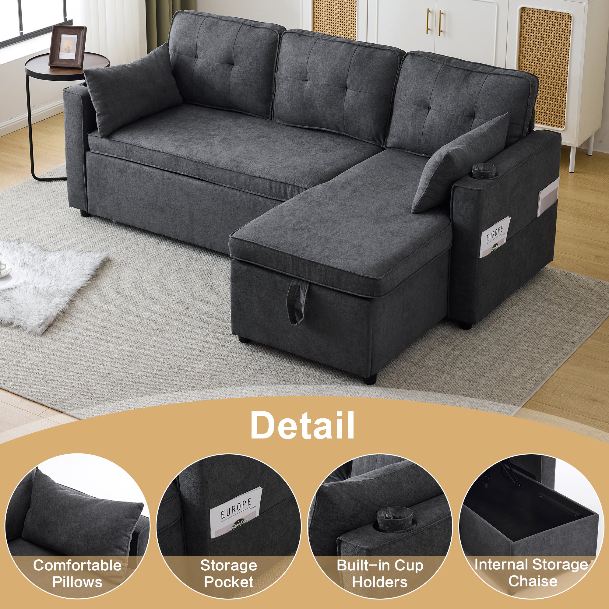 3-in-1 Convertible Sofa Bed with Internal Storage Chaise, L Shaped Sleeper Sofa Couches with Cup Holders, Pillows and Storage Pocket. Pullout Sectional Daybed for Living Room/Bedroom/Office, Grey