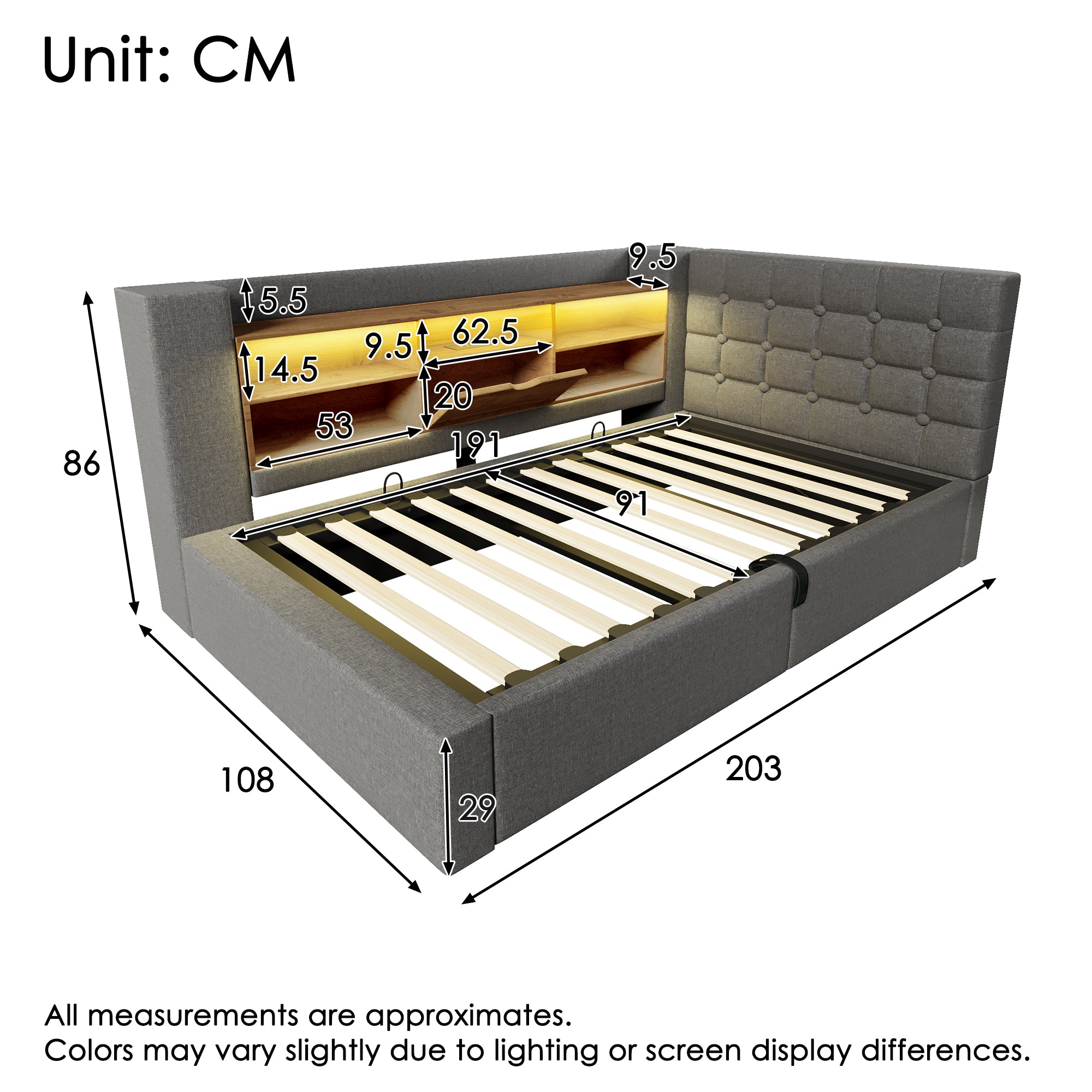 Daybed Upholstered Bed 90 x 190 cm, 3FT Single Sofa Bed with Hydraulic Storage, USB &Type-C Charging Station, Single Bed for Living Room and Bedroom, Linen, Grey (No Mattress)