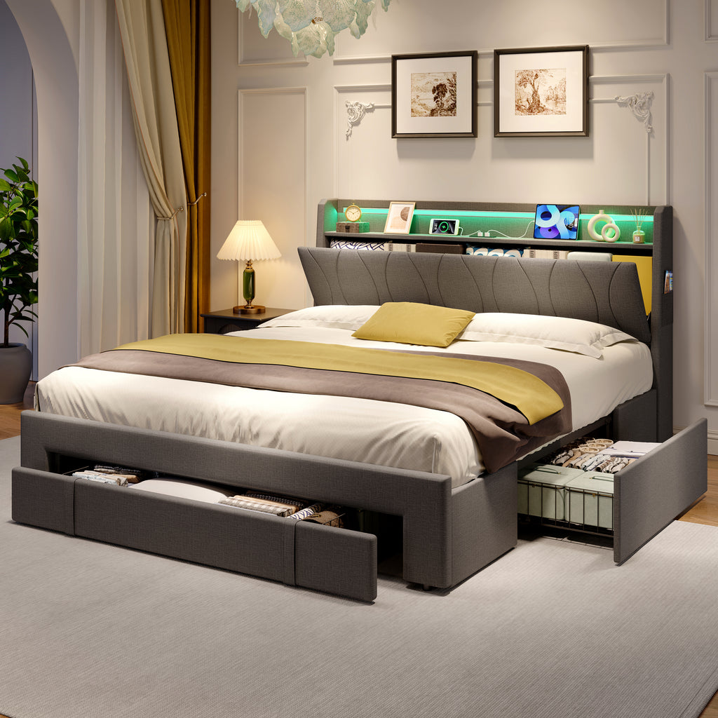 4ft6 Double Upholstered Bed with Three Storage Drawers, LED Headboard with Charging Station and Concealed Headboard Storage,USB and Type - C Ports, Linen, No Box Spring Needed, Grey (No Mattress)