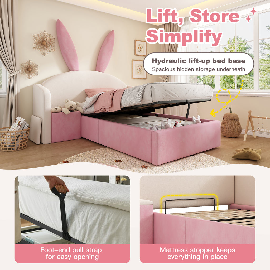 Bunny Ears Kids Bed, Single Upholstered Bed with Hydraulic Storage & Nightstand, Children Bed Frame for Girls Bedroom, 90 x 190 cm, Beige & Pink, No Mattress