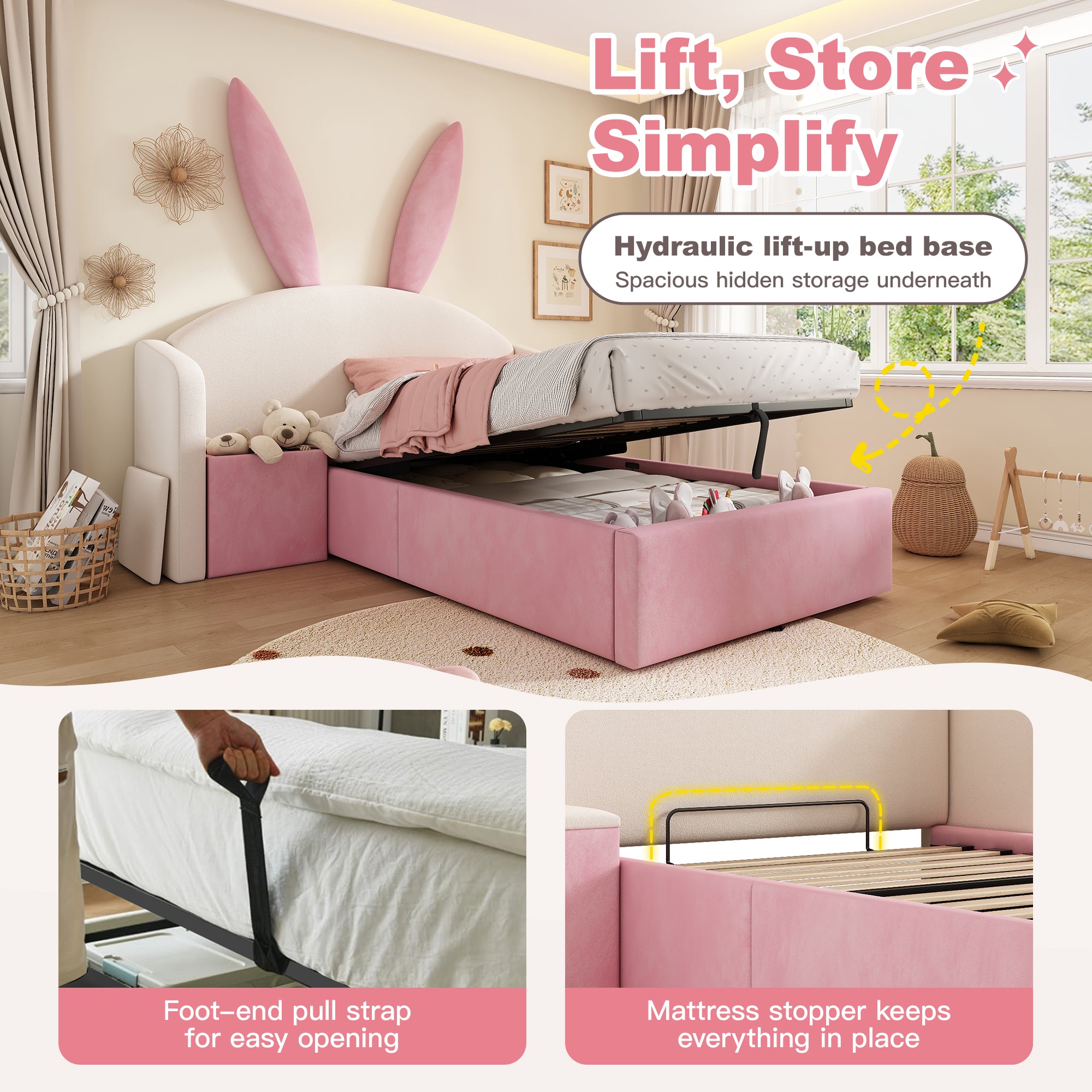 Bunny Ears Kids Bed, Single Upholstered Bed with Hydraulic Storage & Nightstand, Children Bed Frame for Girls Bedroom, 90 x 190 cm, Beige & Pink, No Mattress