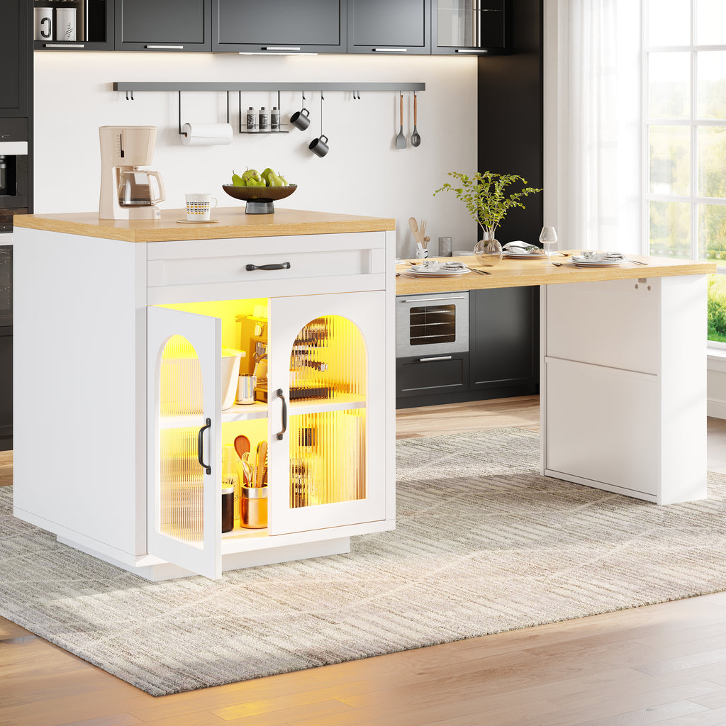 Extendable Kitchen Island with LED Lighting, Modern Storage Cabinet with 2 Drawers & Adjustable Shelves, Kitchen Sideboard with Fluted Glass Doors, MDF Kitchen Countertop for Dining Room