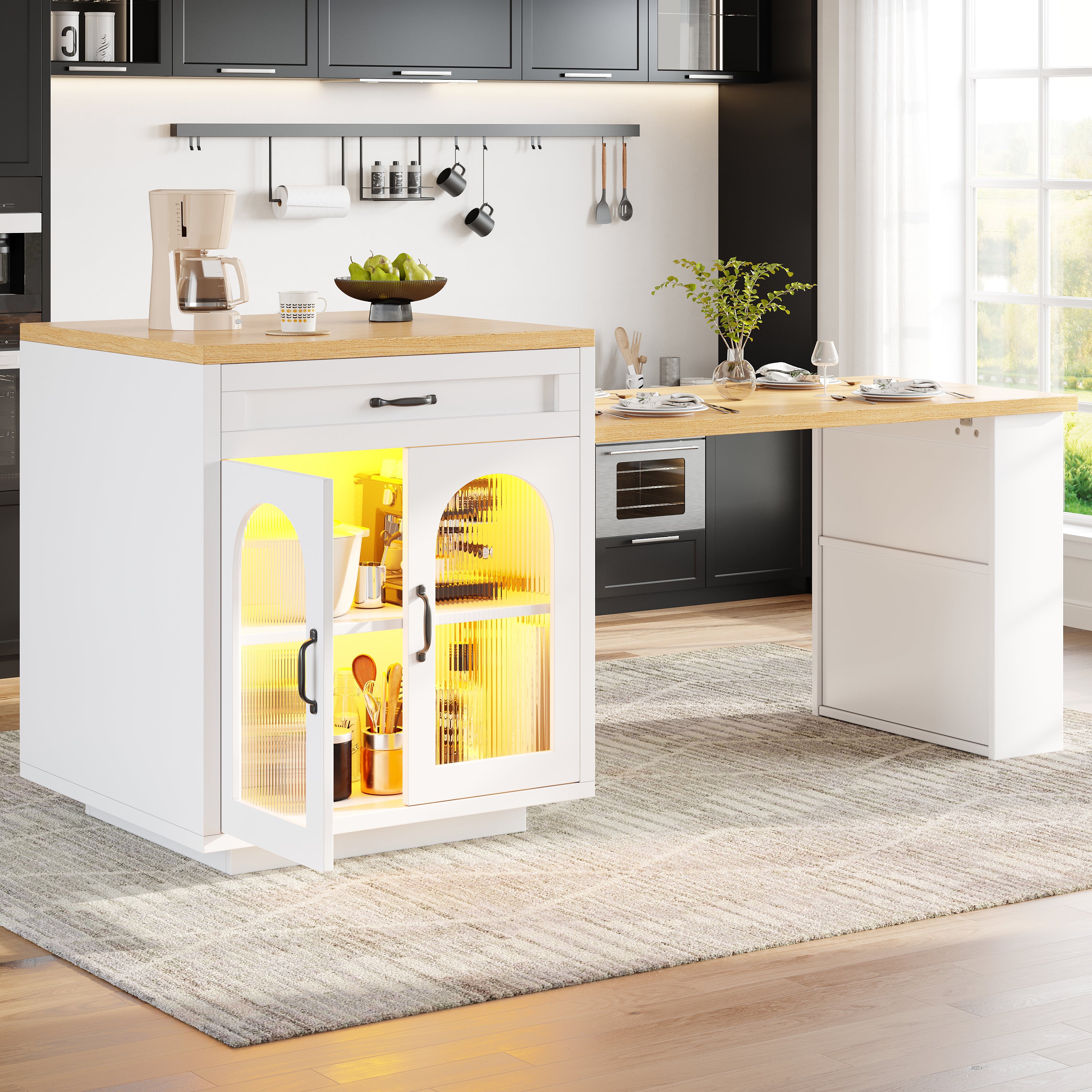 Extendable Kitchen Island with LED Lighting, Modern Storage Cabinet with 2 Drawers & Adjustable Shelves, Kitchen Sideboard with Fluted Glass Doors, MDF Kitchen Countertop for Dining Room