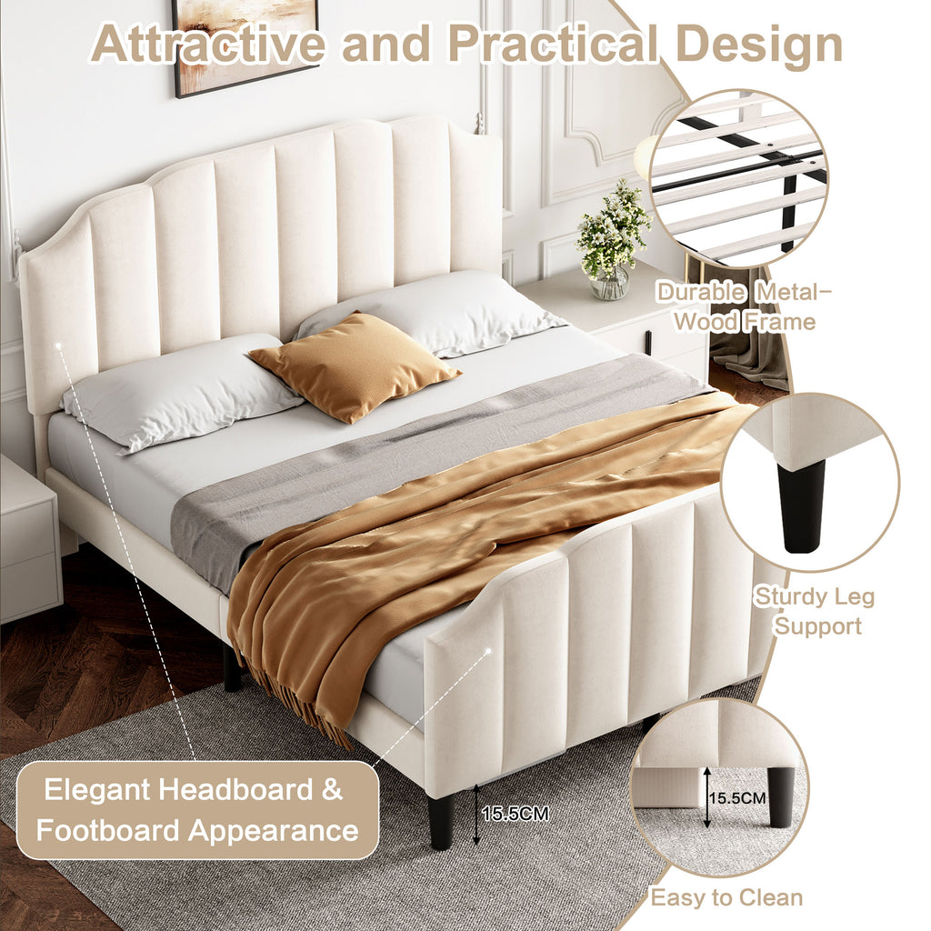 4ft6 Double Upholstered Bed Frame with Adjustable Chic Channel-Tufted Headboard, Velvet Platform Bed Frame with Solid Wood Slat and Mute Foam, No Box Spring Needed, Easy Assembly, Beige (No Mattress)
