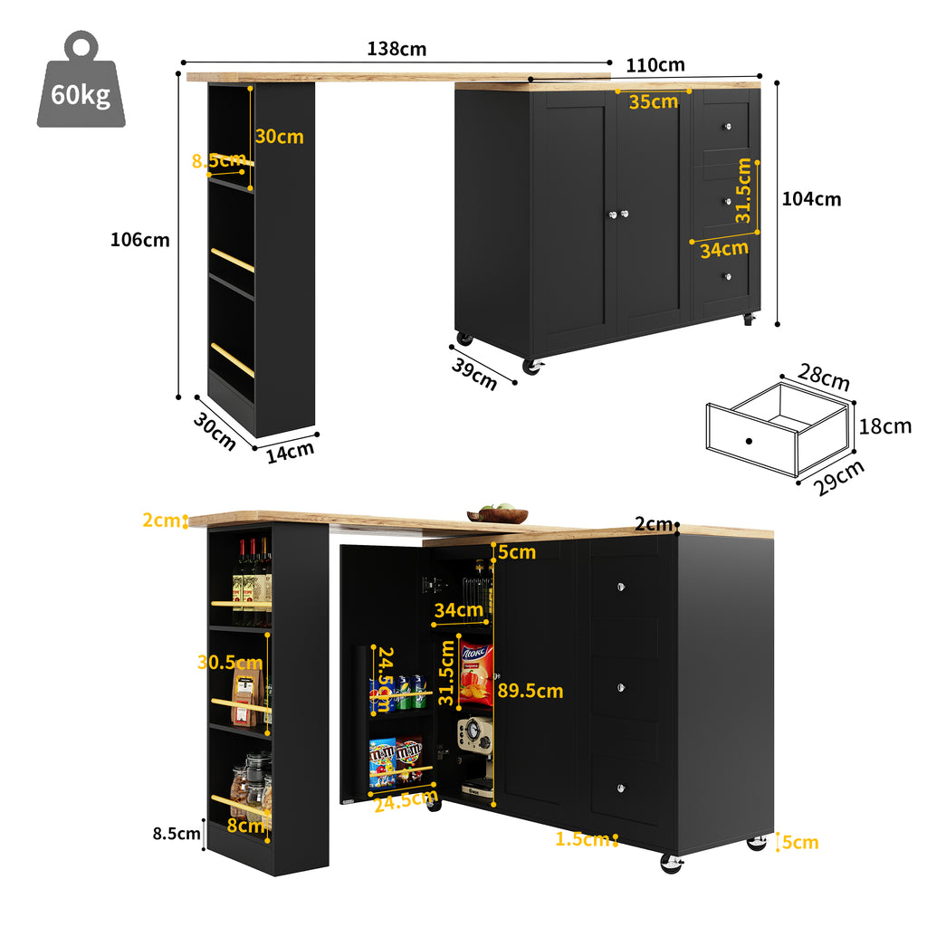360° swivelling dining table (138-209 x 39 x 106 cm) on castors, bar table, black, with three drawers and snack rack, multifunctional storage island, suitable for kitchen and living room.