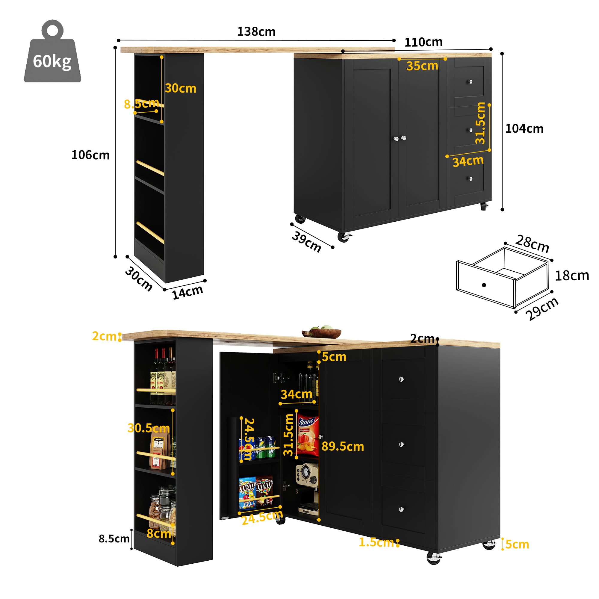 360° swivelling dining table (138-209 x 39 x 106 cm) on castors, bar table, black, with three drawers and snack rack, multifunctional storage island, suitable for kitchen and living room.