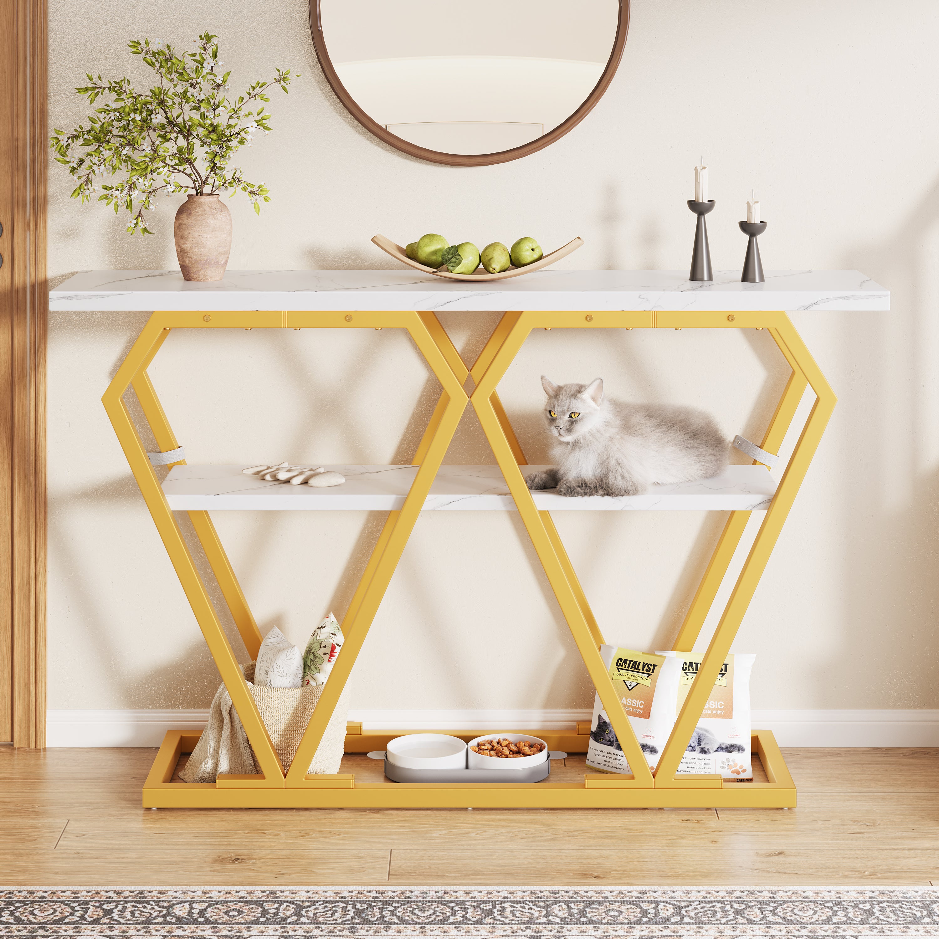 Console table (1 piece) - 120 x 29.5 x 80 cm - Dining & kitchen table, balcony table - Wooden table with marble-look top