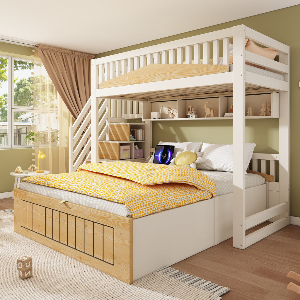 Offset Bunk Beds for Kids, Staircase Bunk with Hydraulic Storage & USB Charging, Children's Bed Double Bed for Family with Multiple Children, (90+135) x 190 cm, White & Natural
