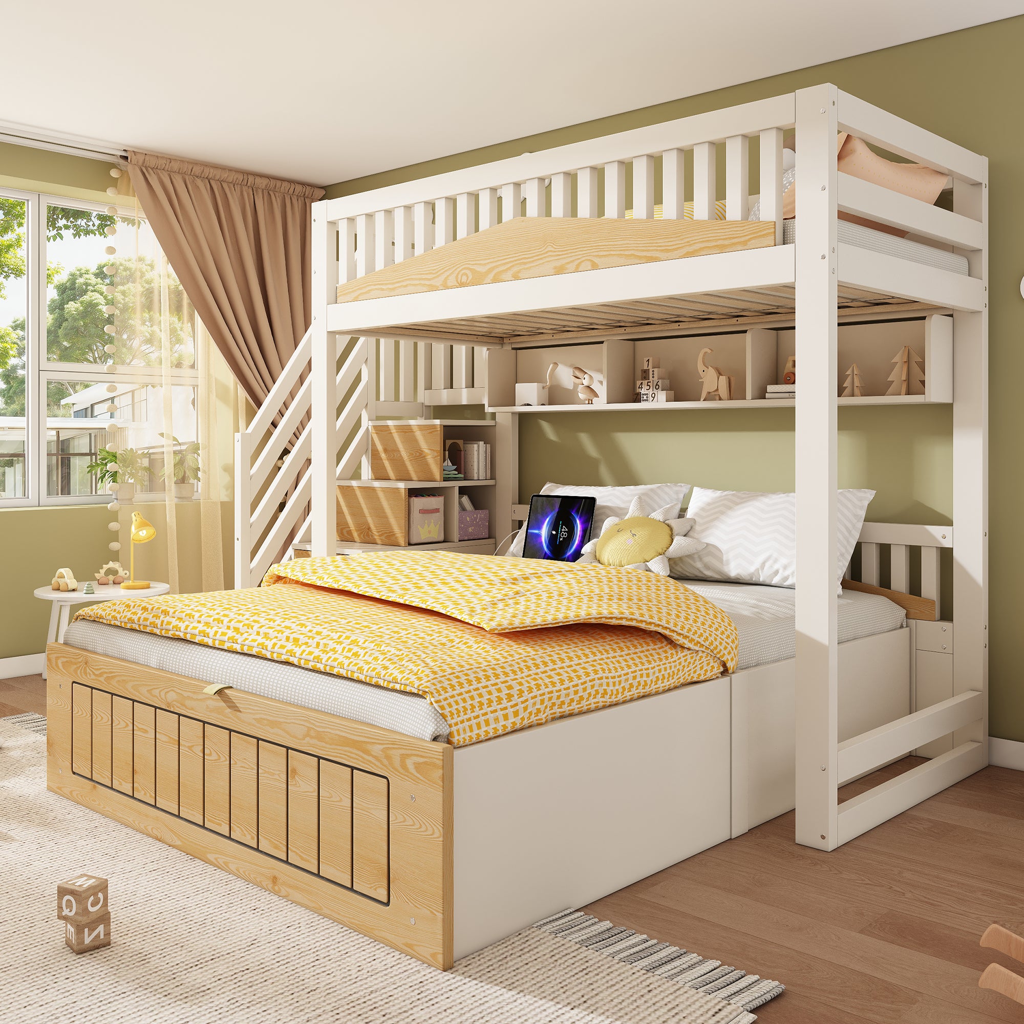 Offset Bunk Beds for Kids, Staircase Bunk with Hydraulic Storage & USB Charging, Children's Bed Double Bed for Family with Multiple Children, (90+135) x 190 cm, White & Natural