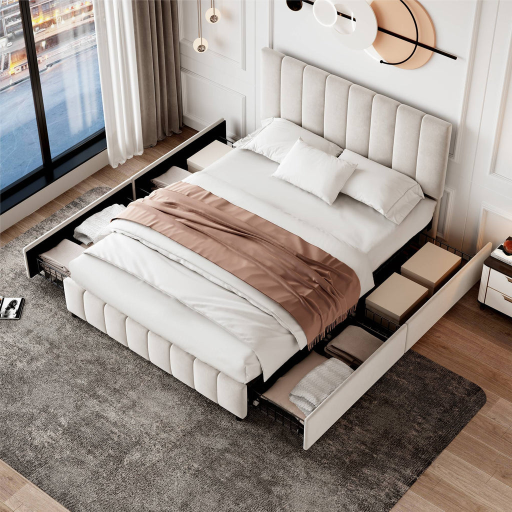 4ft6 Double Upholstered Bed with 4 Storage Drawers, Velvet Platform Bed Frame with Adjustable Channel Tufted Headboard, Metal-Wood Support, No Box Spring Needed, Easy Assembly, Beige (No Mattress)