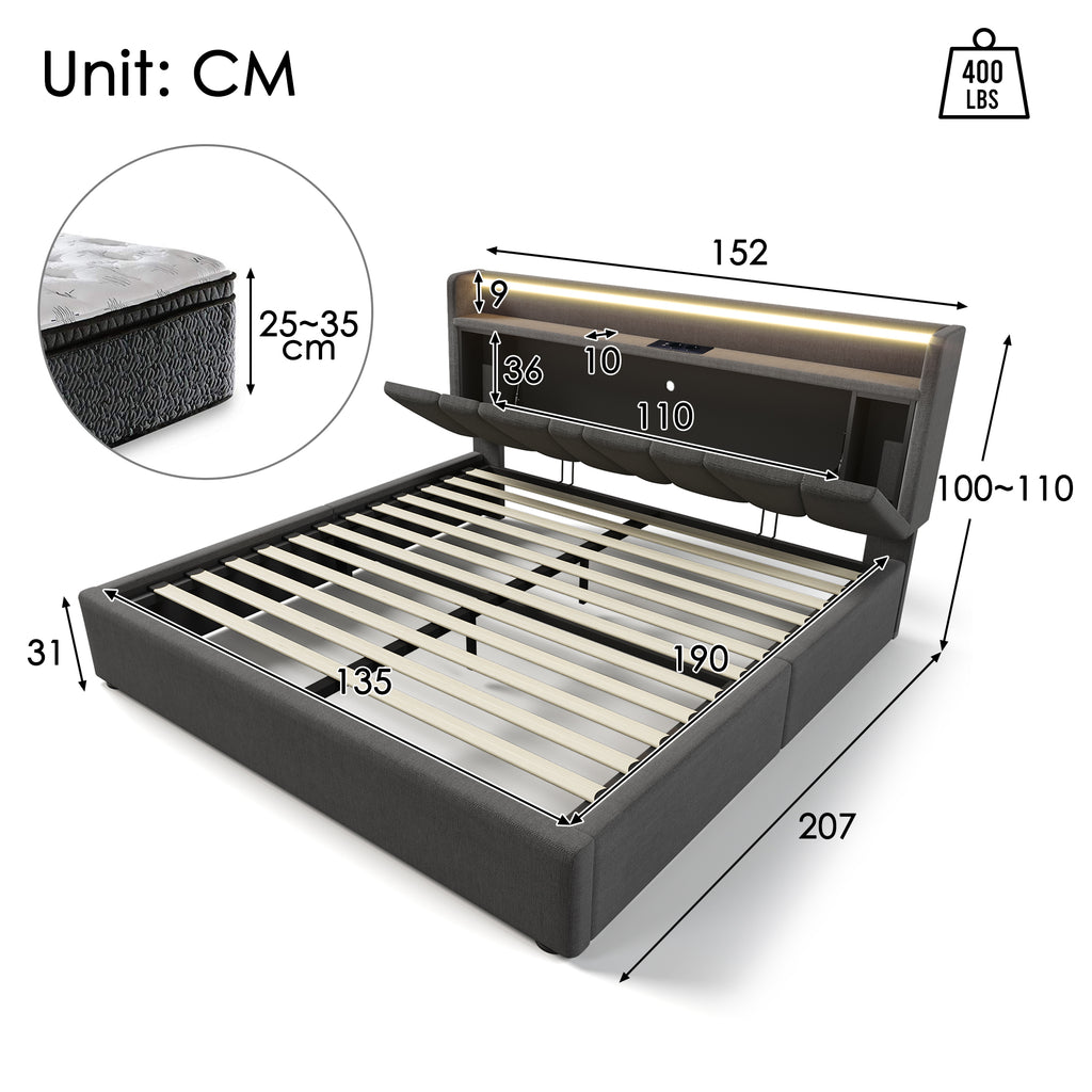 Upholstered Double Bed with USB charging function, storage headboard and LED lighting, 4ft6 Double Bed storage bed frame(135x190cm), Wooden Slatted Frame, Grey (Without Mattress)