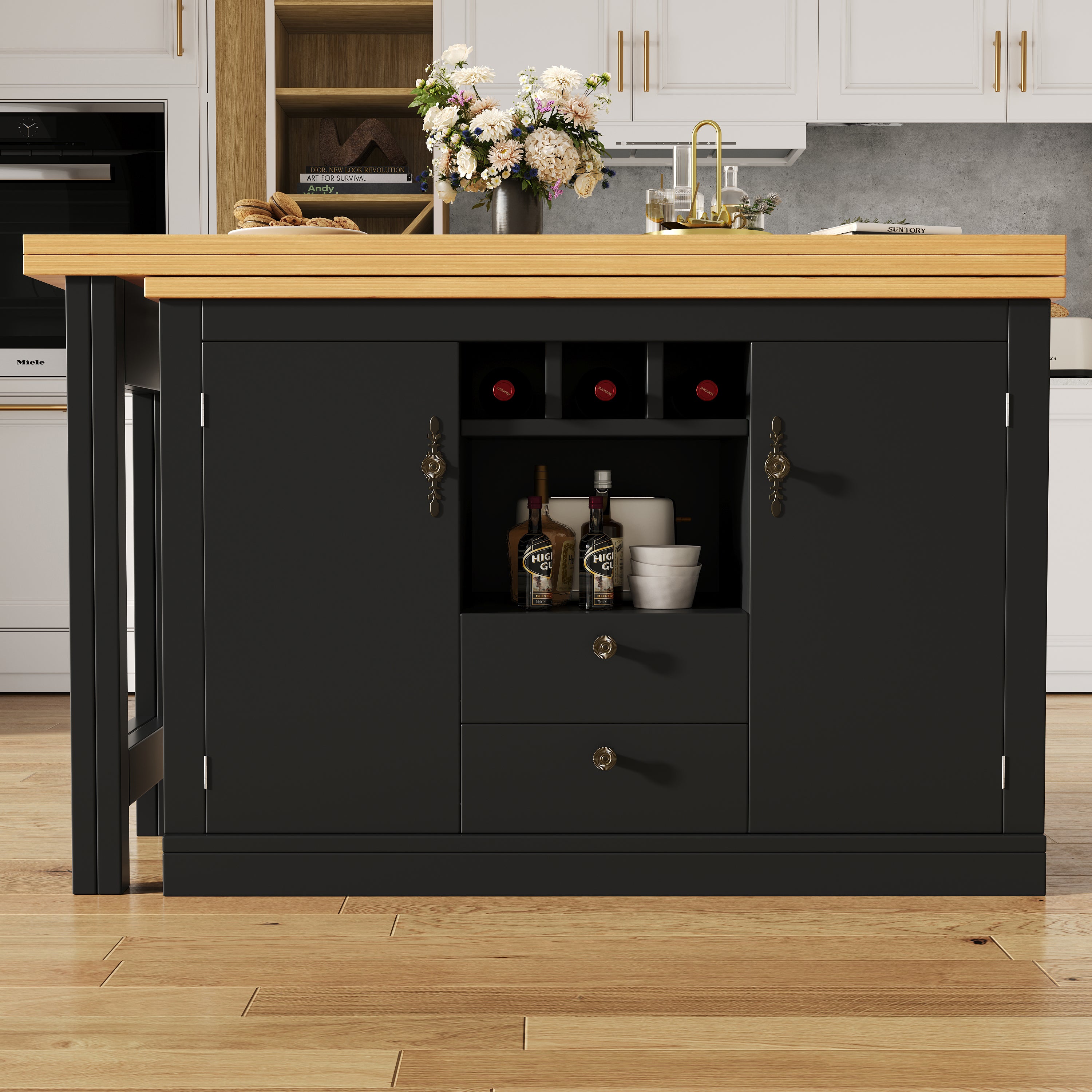 360° rotation, bar table (main body 120-180 x 40 x 76 cm), coffee bar furniture, rotatable dining bar with storage, kitchen island, double doors with wine rack, adjustable shelves, open storage space