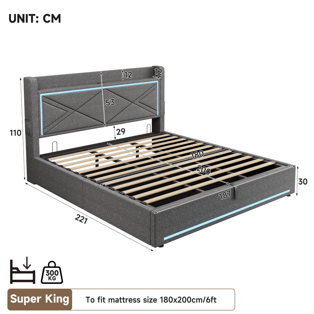 6ft Super King Upholstered Bed Frame with Hydraulic Storage,  Linen Ottoman Bed with LED Lighting and Charging Station, USB and Type - C Ports, No Box Spring Needed, Grey (No Mattress)