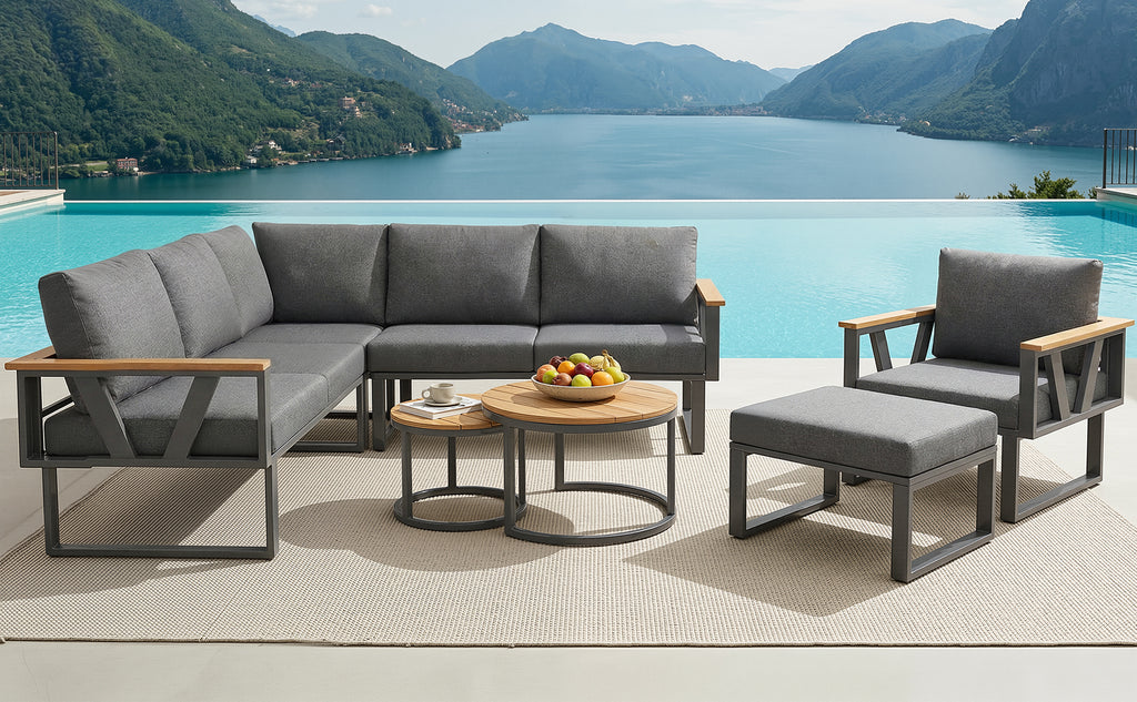 Modular Outdoor Sofa Set with Nesting Tables, Sturdy Metal Frame, Washable Cushions, for Patio & Garden