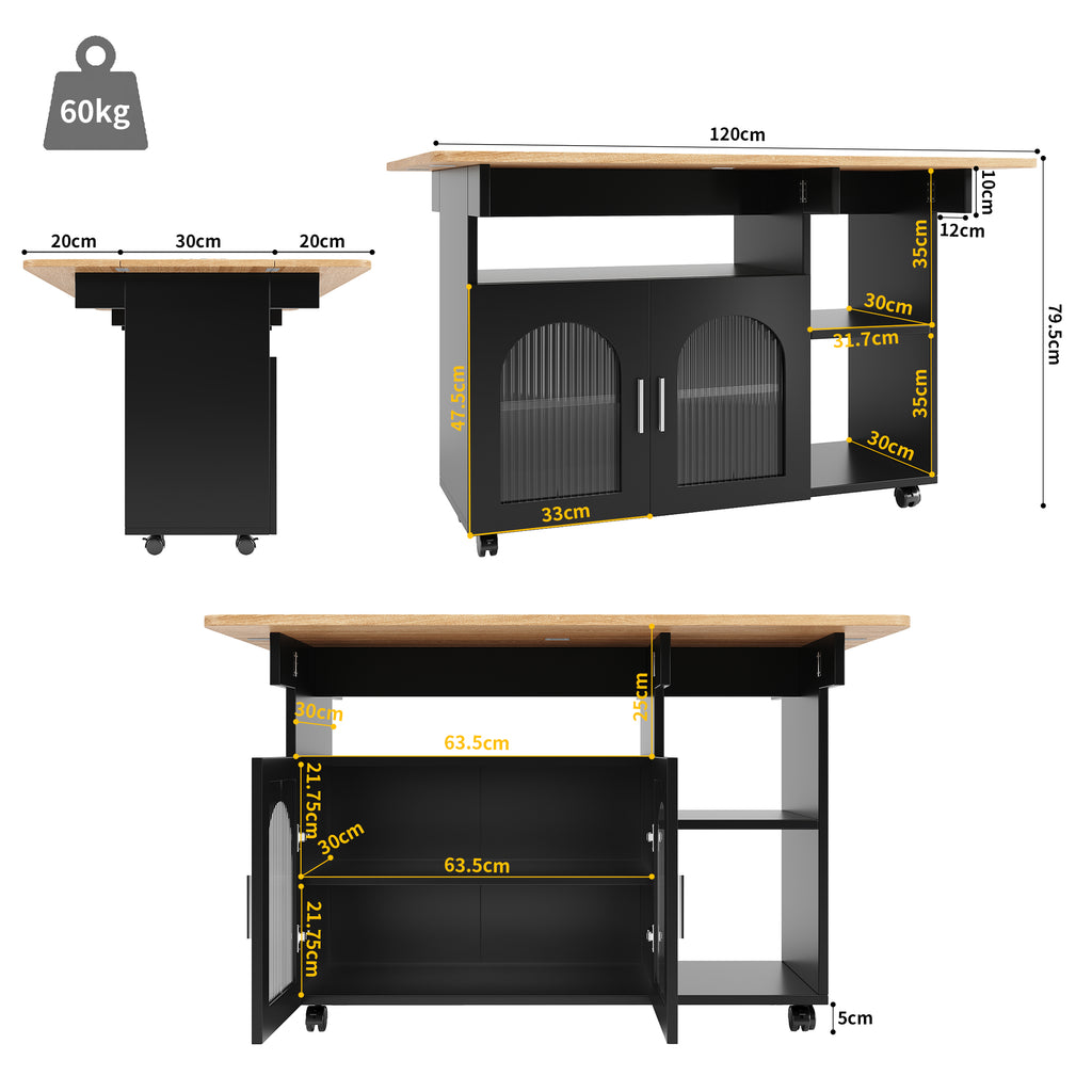 Kitchen island, kitchen cabinet, removable serving trolley, buffet cabinet, dining trolley with wood grain, buffet cabinet, multifunctional dining table with storage space, Black