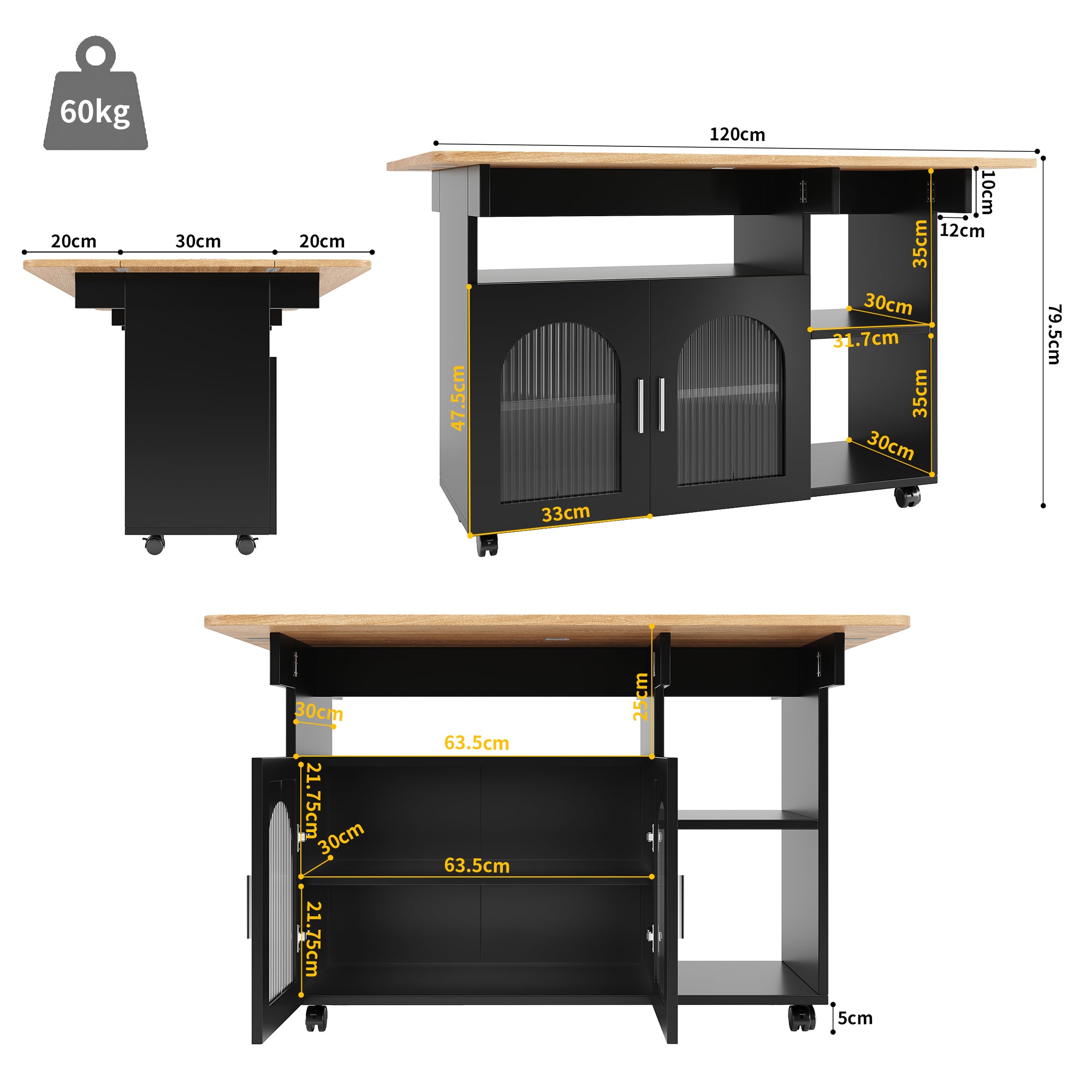 Kitchen island, kitchen cabinet, removable serving trolley, buffet cabinet, dining trolley with wood grain, buffet cabinet, multifunctional dining table with storage space, Black