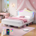 4ft6 Double Upholstered Bed with LED Adjustable Crown Shape Headboard, PU Leather Bed Frame with Solid Wood Slat, No Box Spring Needed, Easy Assembly, Cream White (No Mattress)