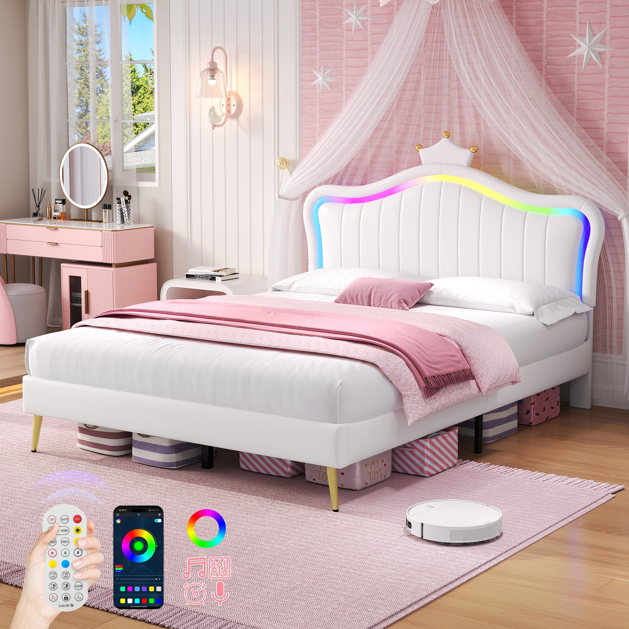4ft6 Double Upholstered Bed with LED Adjustable Crown Shape Headboard, PU Leather Bed Frame with Solid Wood Slat, No Box Spring Needed, Easy Assembly, Cream White (No Mattress)