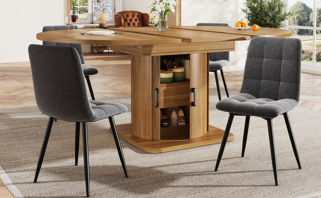 Extendable dining table, dining room table, kitchen table, round dining table, extends to oval, 118-158 cm, seats up to 6 people, dining table with drawers, dark brown