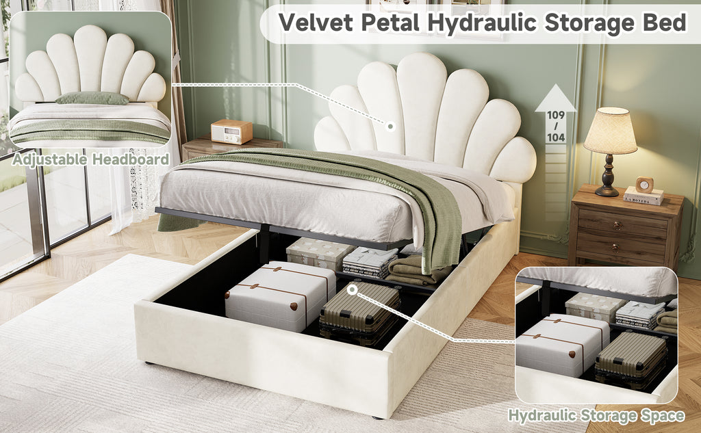 3ft Single Upholstered Hydraulic Bed with Adjustable Chic Petal Headboard, Soft Velvet Bed Frame with Hydraulic Storage, Petal Bed with Solid Wood Slat, No Box Spring Needed, Beige (No Mattress)