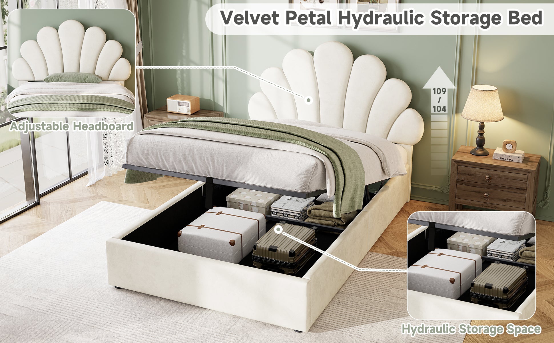 3ft Single Upholstered Hydraulic Bed with Adjustable Chic Petal Headboard, Soft Velvet Bed Frame with Hydraulic Storage, Petal Bed with Solid Wood Slat, No Box Spring Needed, Beige (No Mattress)