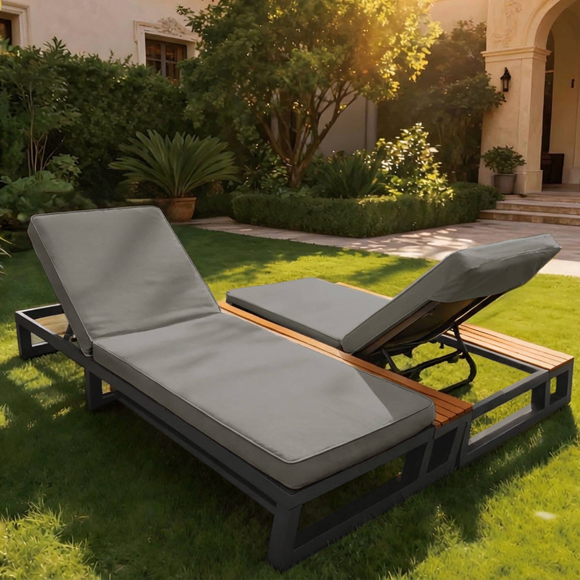 Outdoor Patio Daybed, Outdoor Lounger, Multifunctional Waterproof Sofa Bed, Sun Lounger for Patio, Adjustable Backrest Angle, Gray, Double Lounge Bed