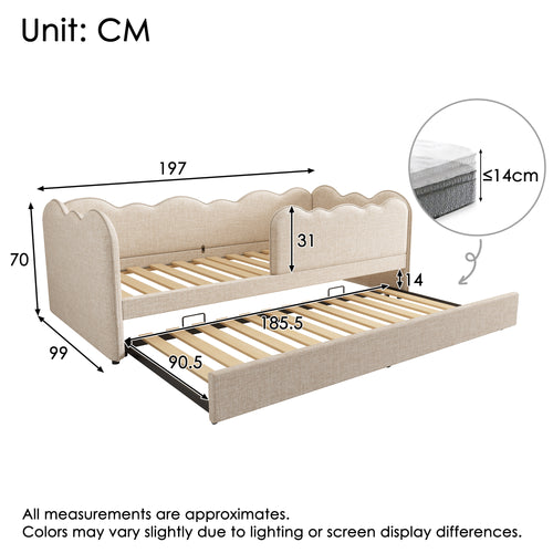 Upholstered Bed Daybed 90 x 190 cm, 3FT Single Bed with Pull out Trundle, Sofa Bed For Adults and Children, Single Daybed With Slatted Frame, Linen, Beige (No Mattress)