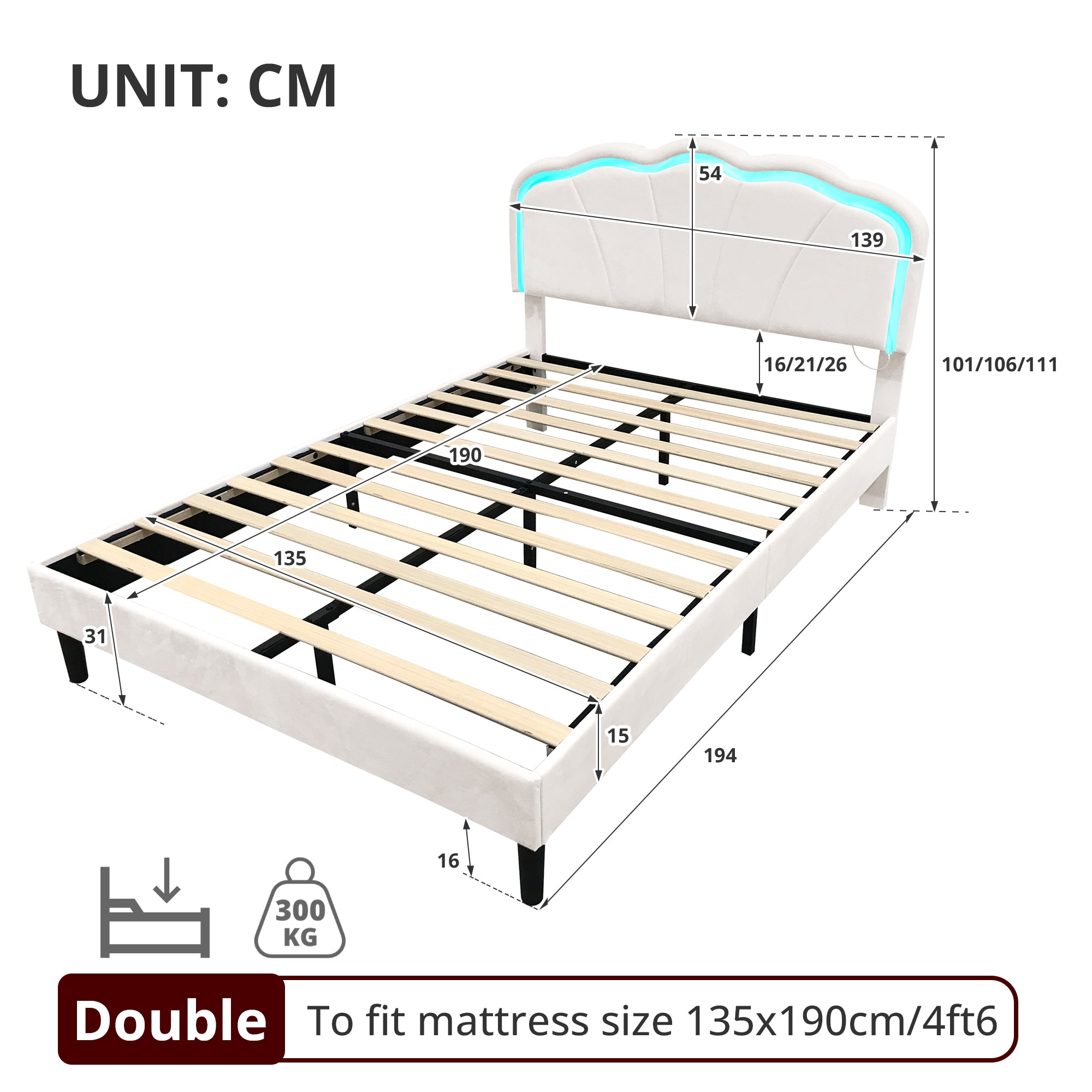 4ft6 Double Upholstered Bed with LED Adjustable Shell Shape Headboard, Soft Velvet Bed Frame with Solid Wood Slat, No Box Spring Needed, Easy Assembly, Cream White (No Mattress)