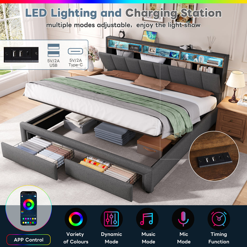 6ft Super King Upholstered Bed Frame with Hydraulic and Drawers Storage, LED Adjustable Headboard with Charging Station and Concealed Headboard Storage, Linen, No Box Spring Needed, Grey (No Mattress)
