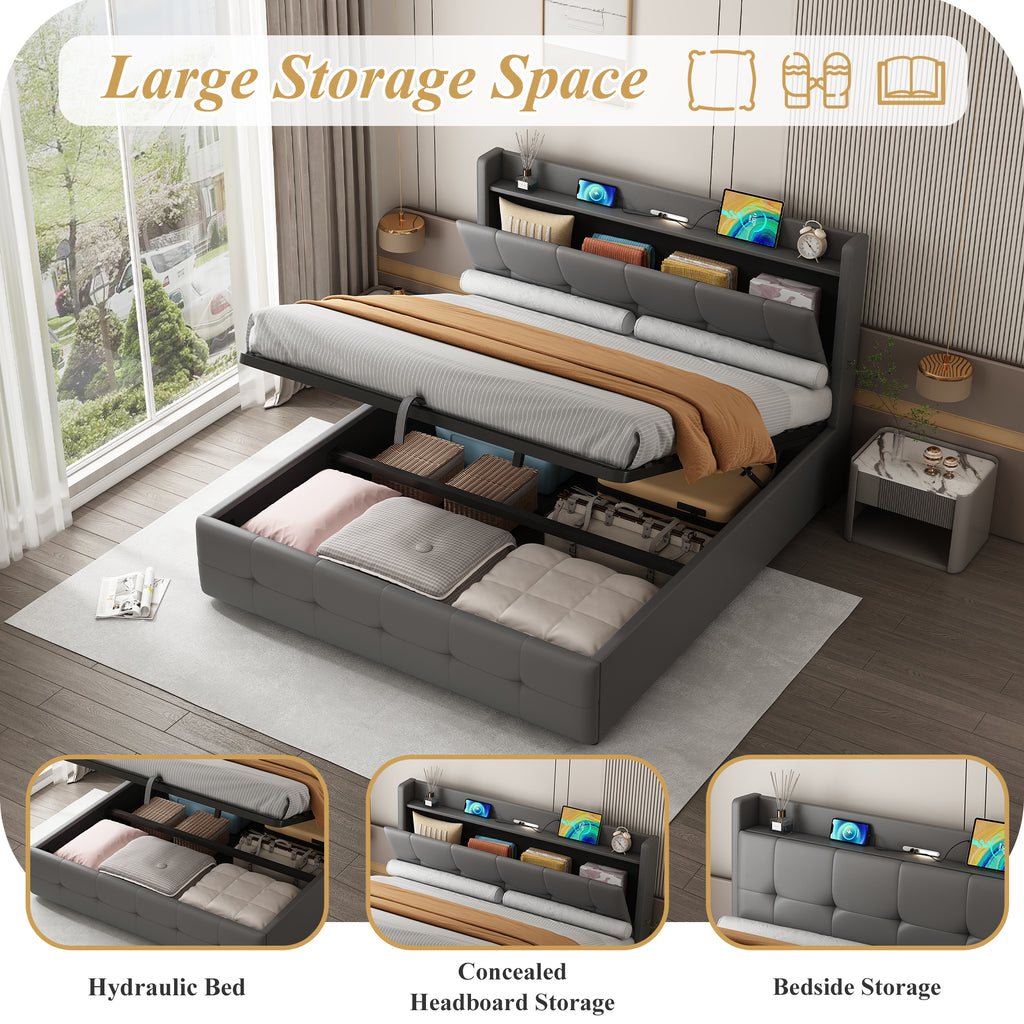 5ft King Upholstered Bed Frame with Hydraulic Storage, PU Leather Ottoman Bed with Concealed Headboard Storage, Double Bed with Charging Station and LED Night Light,  Grey (No Mattress)