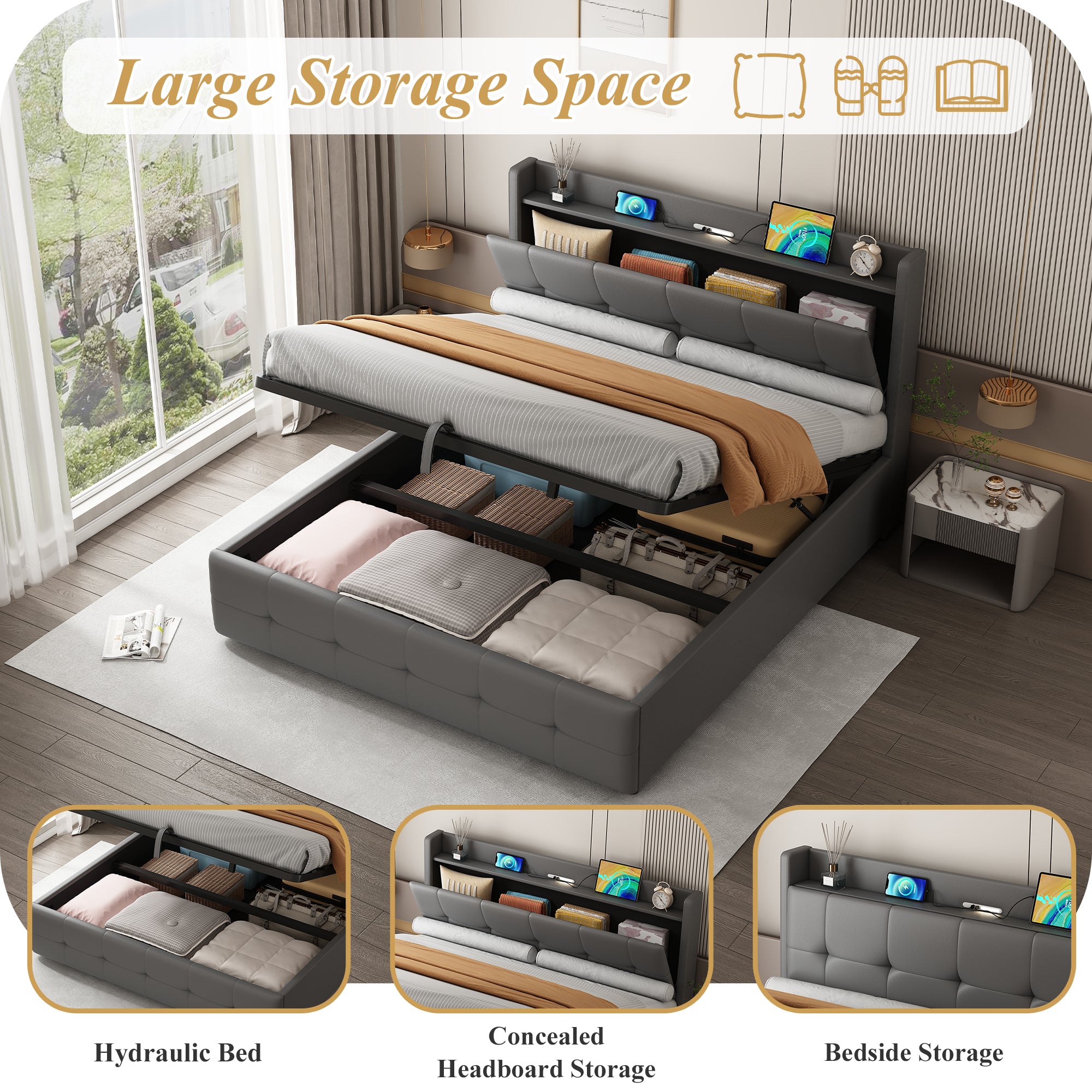 5ft King Upholstered Bed Frame with Hydraulic Storage, PU Leather Ottoman Bed with Concealed Headboard Storage, Double Bed with Charging Station and LED Night Light,  Grey (No Mattress)