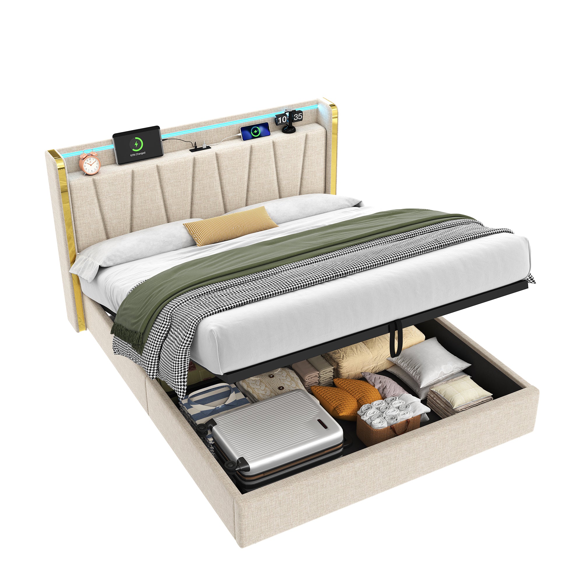 4ft6 Double Upholstered Bed Frame with Hydraulic Storage,  LED Headboard with Charging Station and Chrome Trim, USB and Type - C Ports, Linen, No Box Spring Needed, Beige (No Mattress)