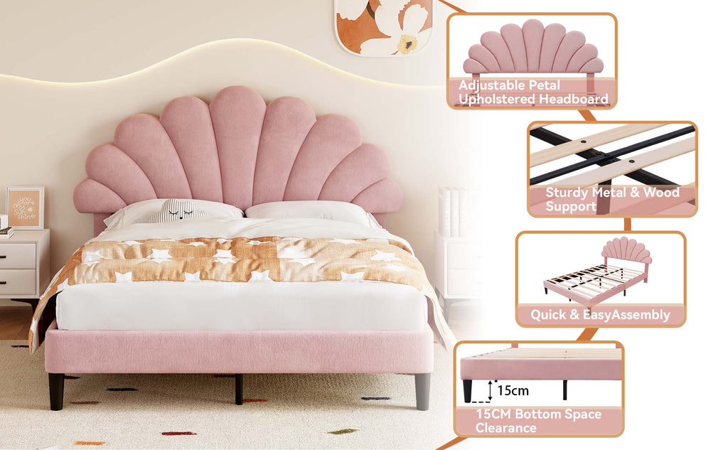 4ft6 Double Upholstered Velvet Bed Frame, with Adjustable Chic Petal Headboard, Velvet Platform Bed Frame with Solid Wood Slat, No Box Spring Needed, Easy Assembly, Pink