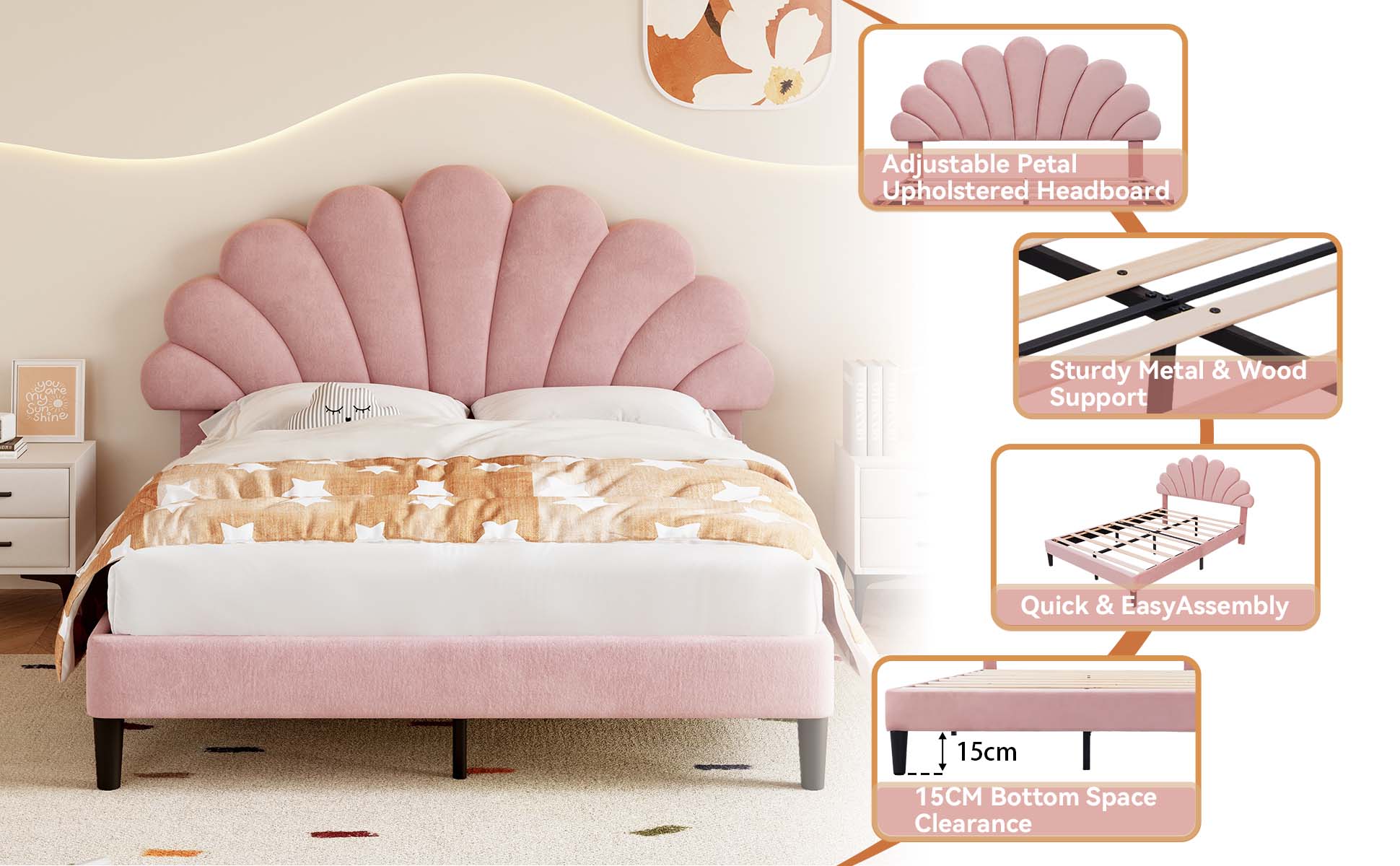 4ft6 Double Upholstered Velvet Bed Frame, with Adjustable Chic Petal Headboard, Velvet Platform Bed Frame with Solid Wood Slat, No Box Spring Needed, Easy Assembly, Pink