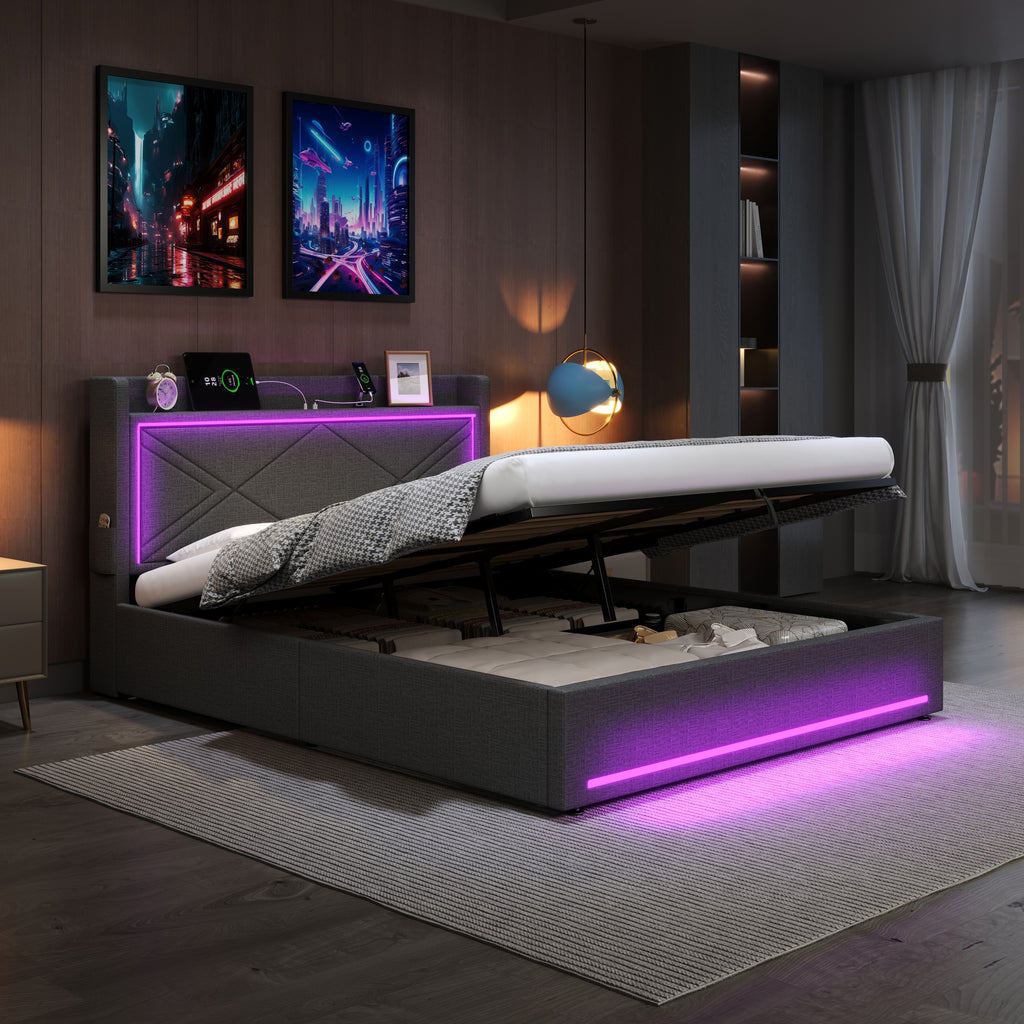 4ft6 Double Upholstered Bed Frame with Hydraulic Storage,  Linen Ottoman Bed with LED Lighting and Charging Station, USB and Type - C Ports, No Box Spring Needed, Grey (No Mattress)