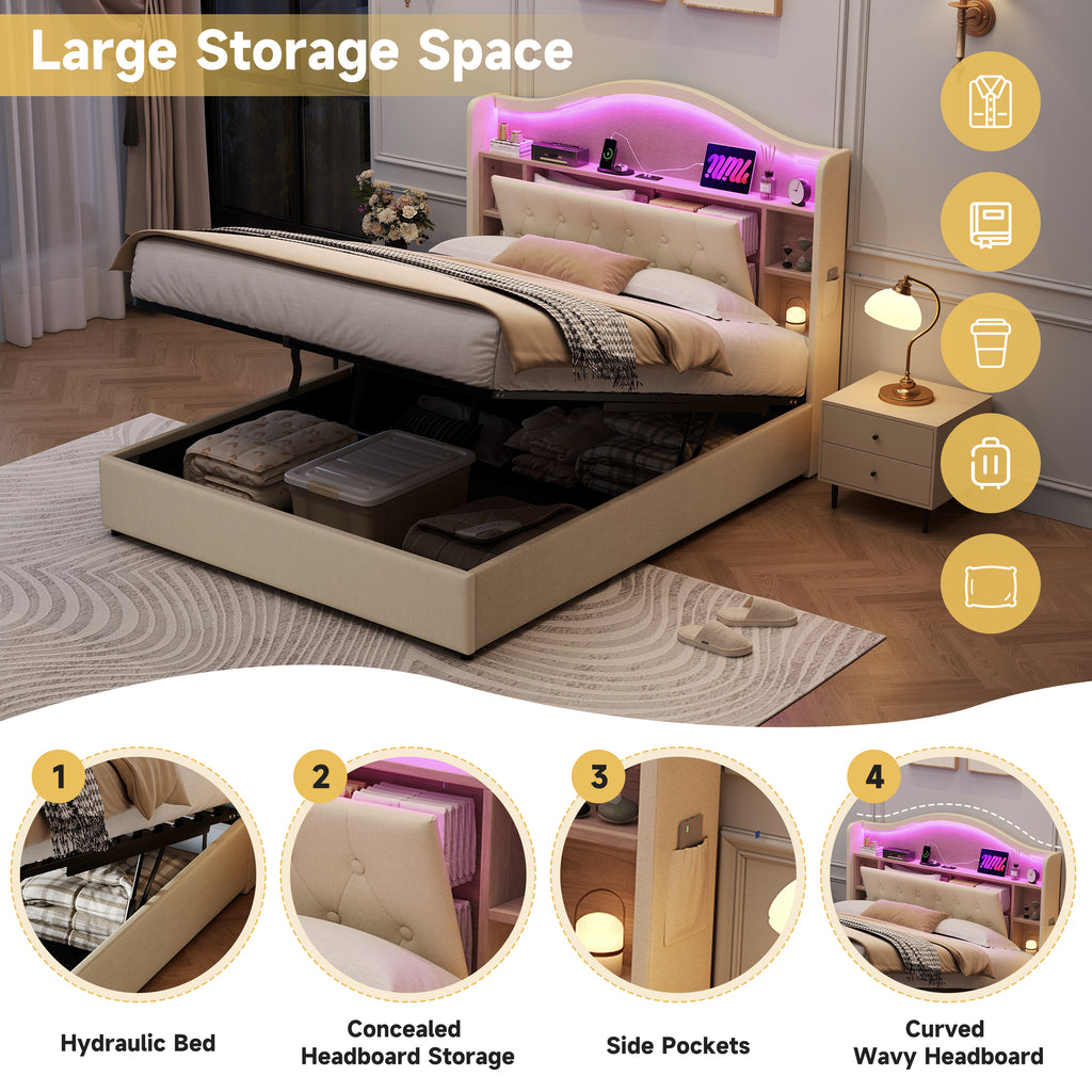4ft6 Double Upholstered Bed Frame with Hydraulic Storage, LED Curved Button Tufted Headboard with Charging Station and Concealed Headboard Storage, USB and Type - C Ports, Linen, Beige (No Mattress)