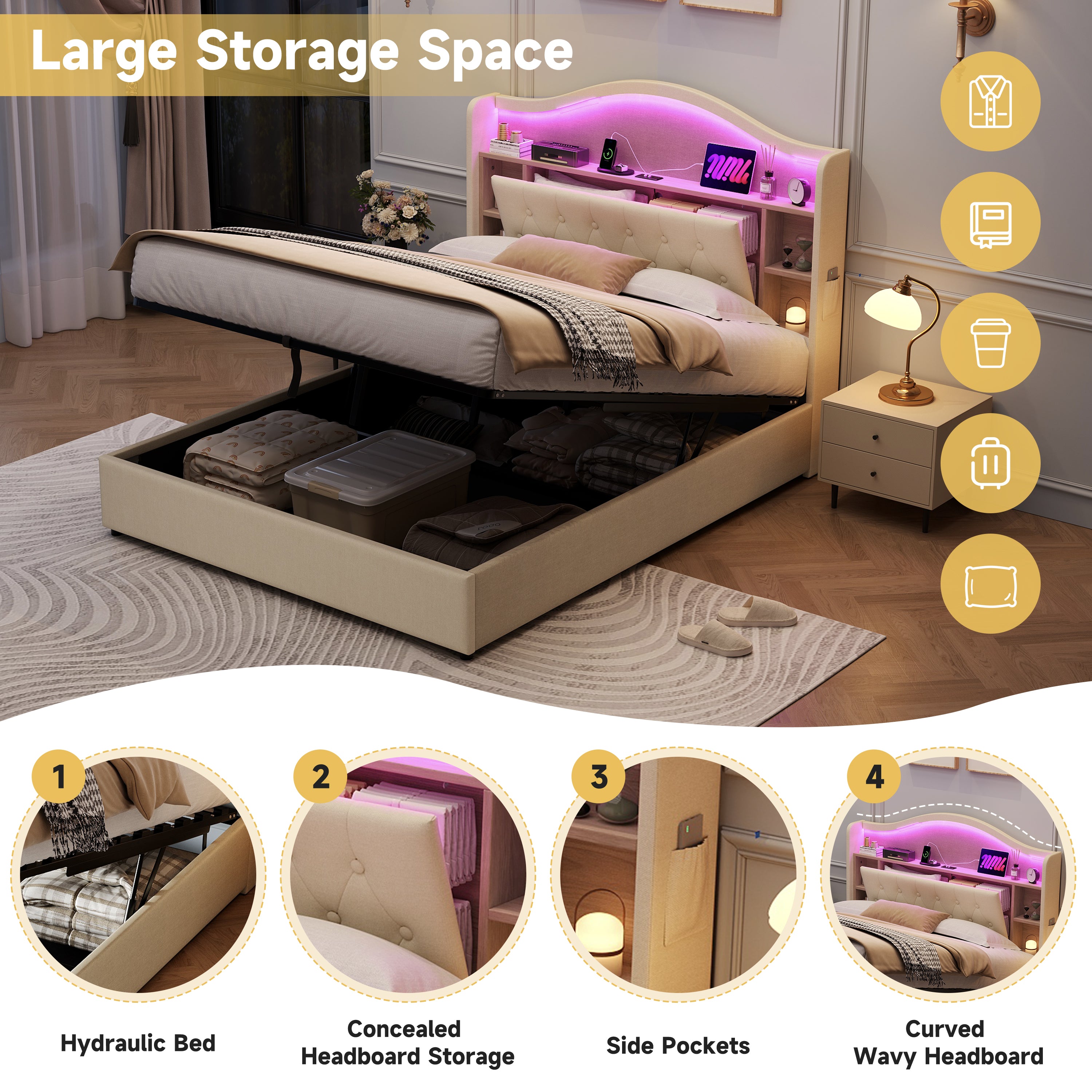 4ft6 Double Upholstered Bed Frame with Hydraulic Storage, LED Curved Button Tufted Headboard with Charging Station and Concealed Headboard Storage, USB and Type - C Ports, Linen, Beige (No Mattress)