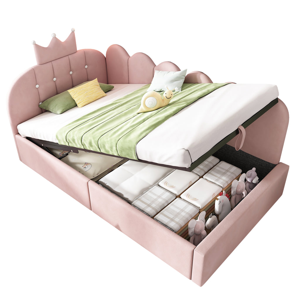 Upholstered Daybed with Hydraulic Storage, 3FT Single Sofa Bed 90 x 190 cm, Crown-shaped Bed Guest Beds for Adults & Children, Velvet, Pink (No Mattress)