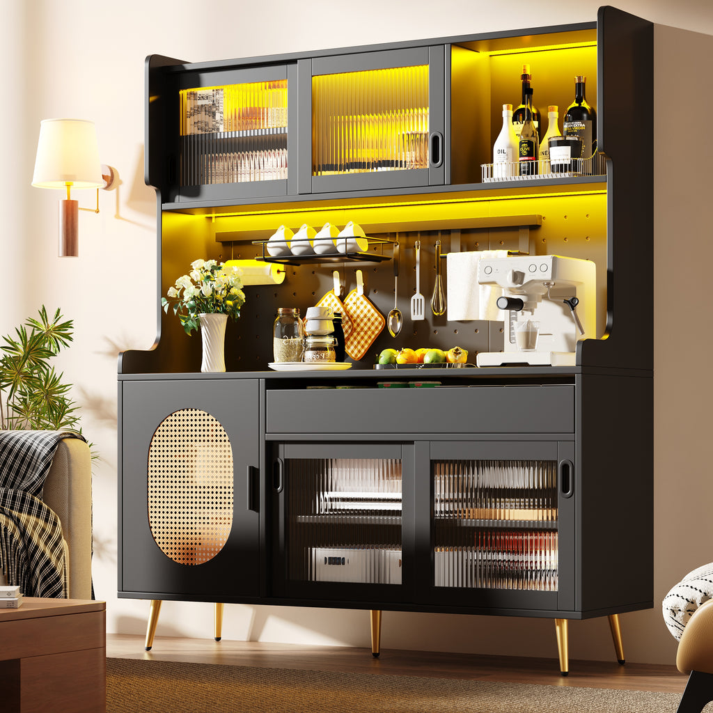 Sideboard / Storage Cabinet / Kitchen Cabinet / Buffet, 145x39x171cm, Country Style, 5 Doors, with LED Light Strip & Pegboard, Fluted Glass Doors, Brown/Black