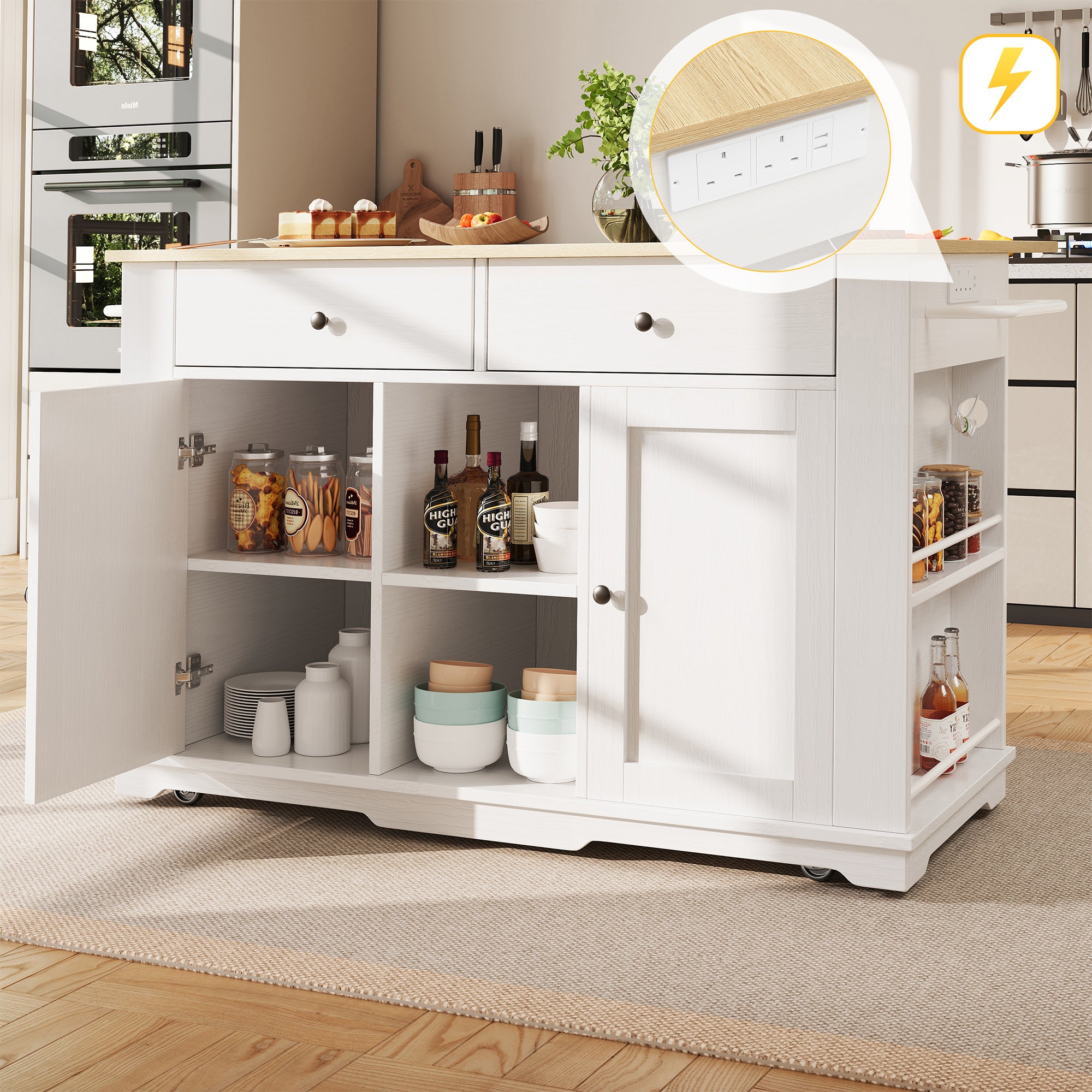 Kitchen island, kitchen trolley equipped with power strip, kitchen cabinet, serving trolley with worktop, buffet cabinet, dining trolley with wood grain, white