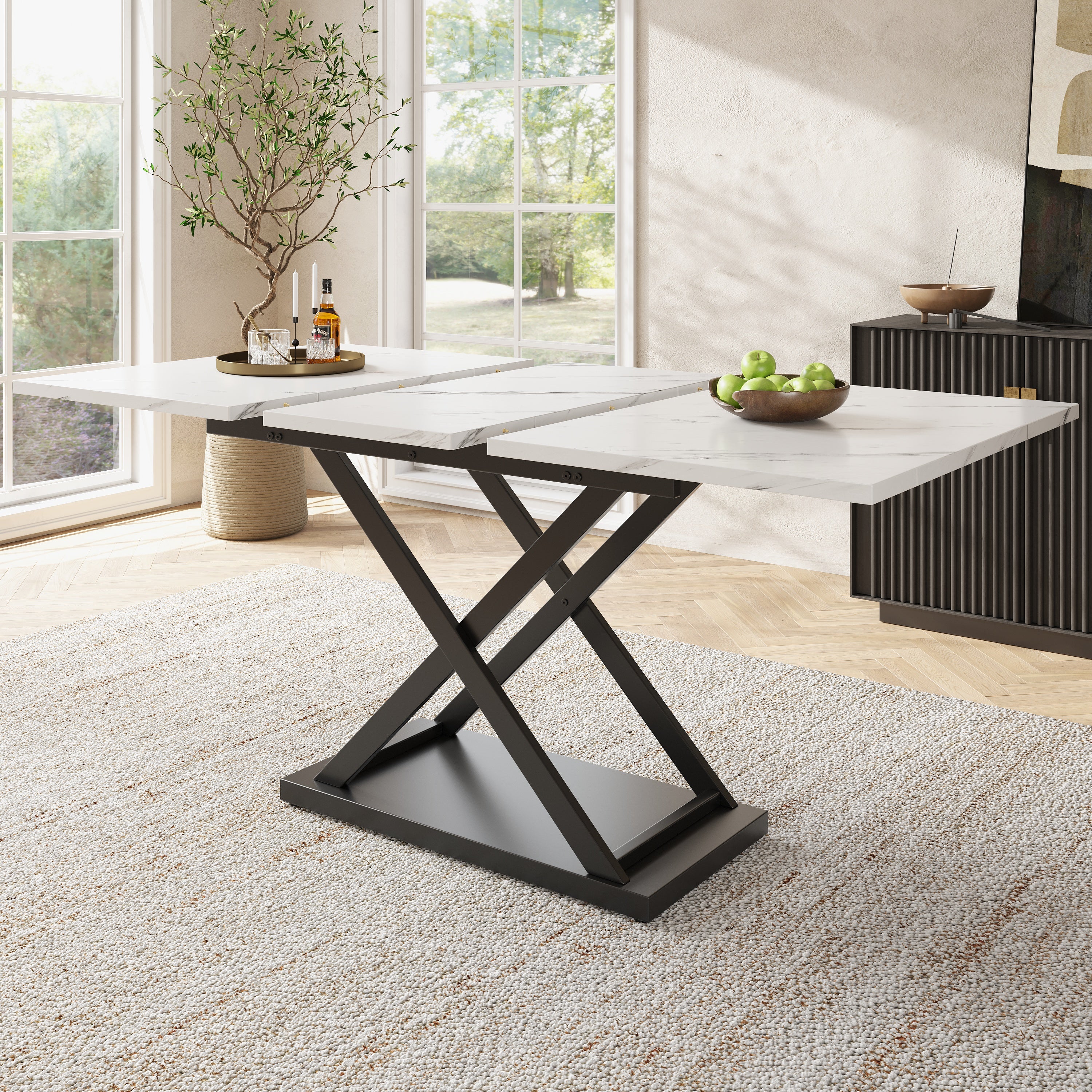 Telescopic dining table (120-160×80 cm), extendable dining table, space-saving kitchen table, black crossed iron legs, for kitchen and living room, white marble dining table