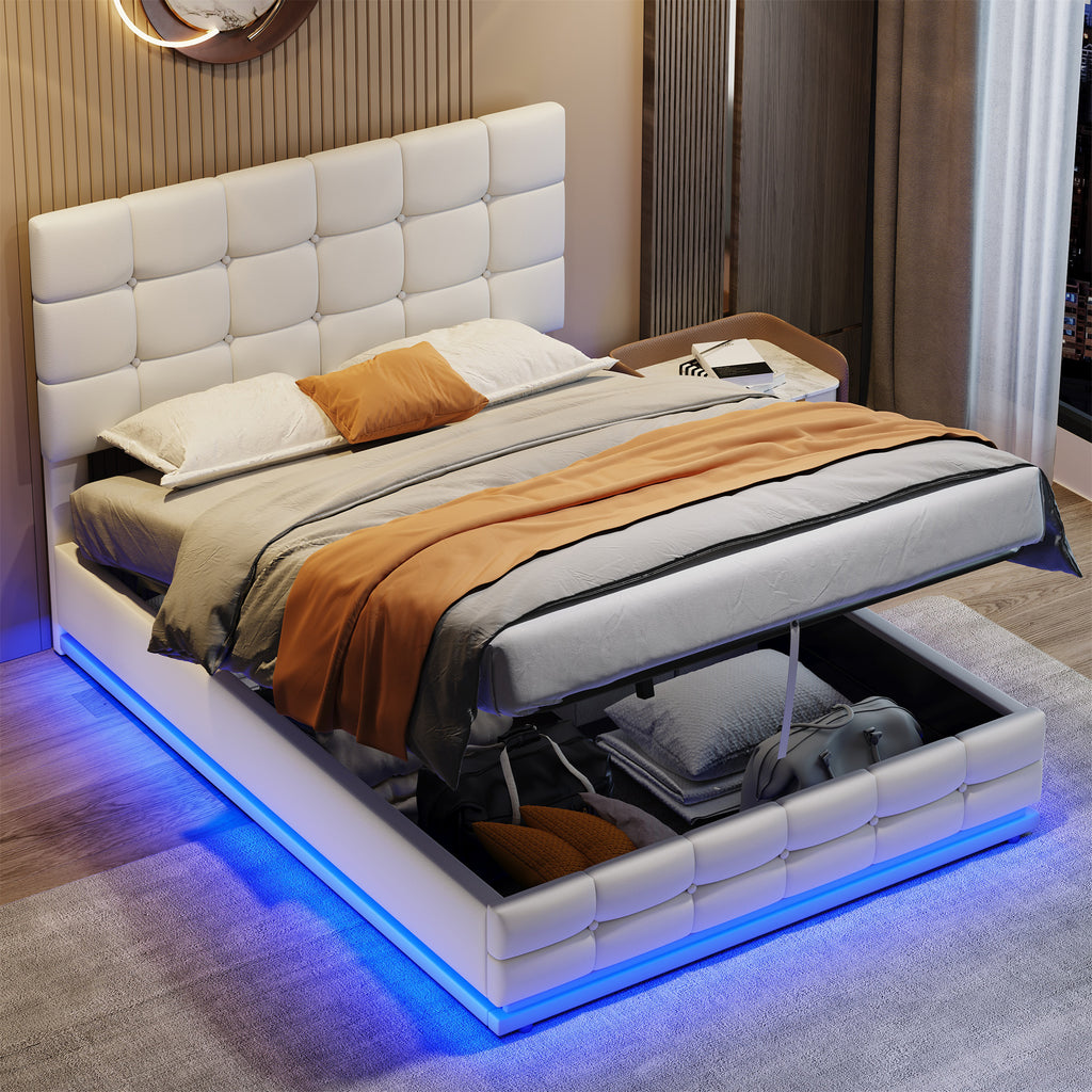 Ottoman Double Bed with LED Lighting, PU Leather Upholstered Bed with Hydraulic Storage, 4ft6 Double Bed Frame with Adjustable Button Tufted Headboard, Cream White (No Mattress)