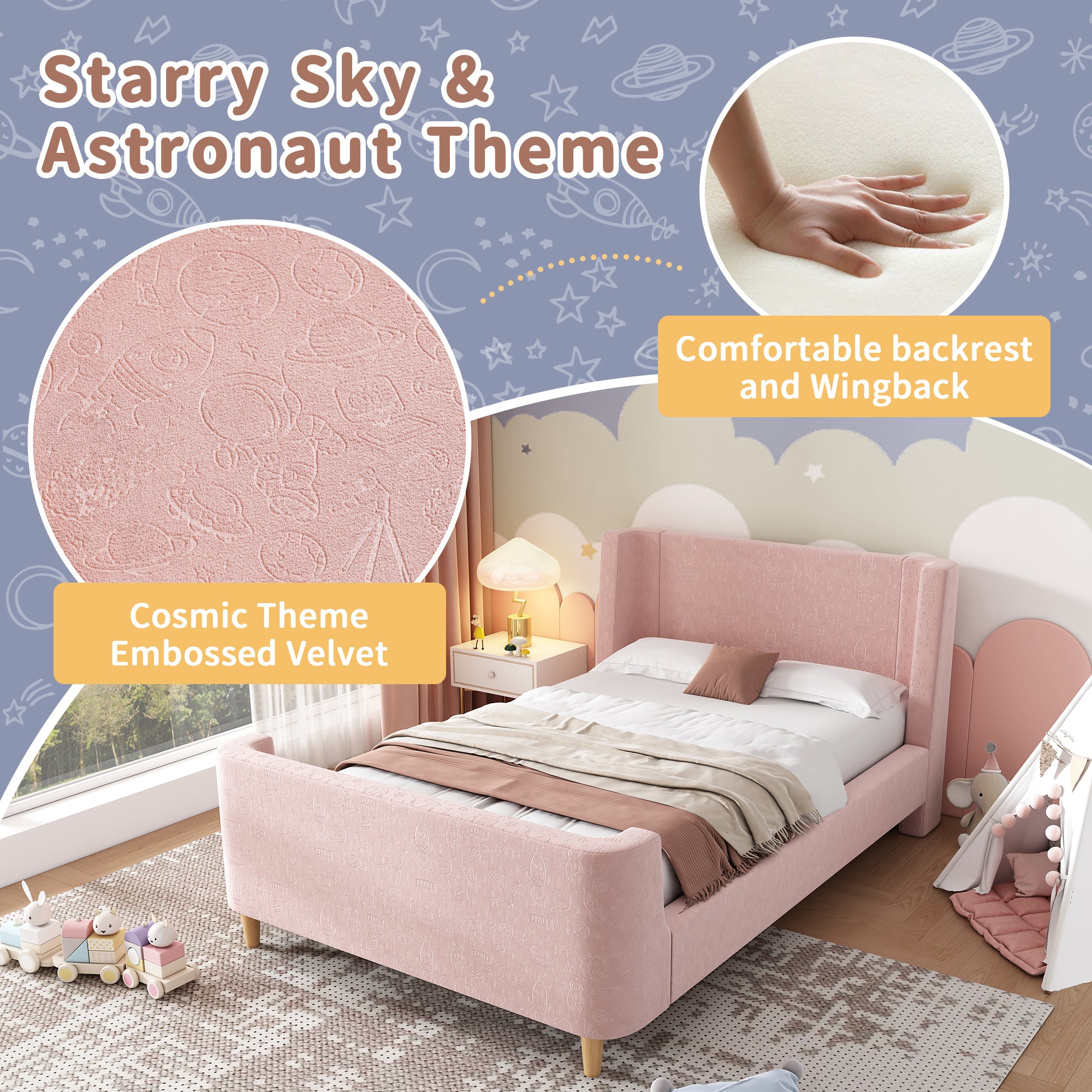 3FT Upholstered Bed, 90 x 190 cm Single Bed with Cosmic Pattern, Sleigh-style Teen Bed, Bed Frame for Boys and Girls, Pink, Velvet (Without Mattress)
